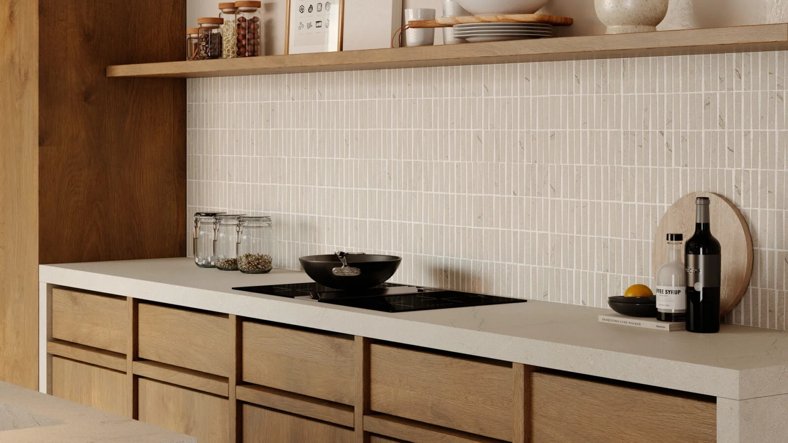 Sleek, Japandi-style kitchen backsplash featuring ribbed or fluted Marazzi stone-effect tiles, creating a distinct linear texture, available through PietraCasa.