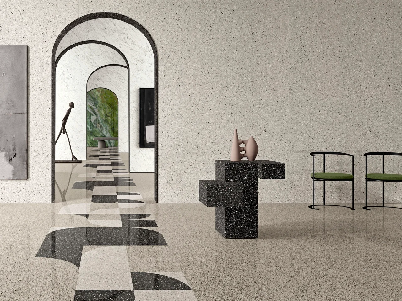Luxury architectural interior showcasing Ariostea Accademia porcelain stoneware slabs in Bellini polished finish, mimicking traditional Venetian terrazzo, supplied and installed nationwide by PietraCasa.