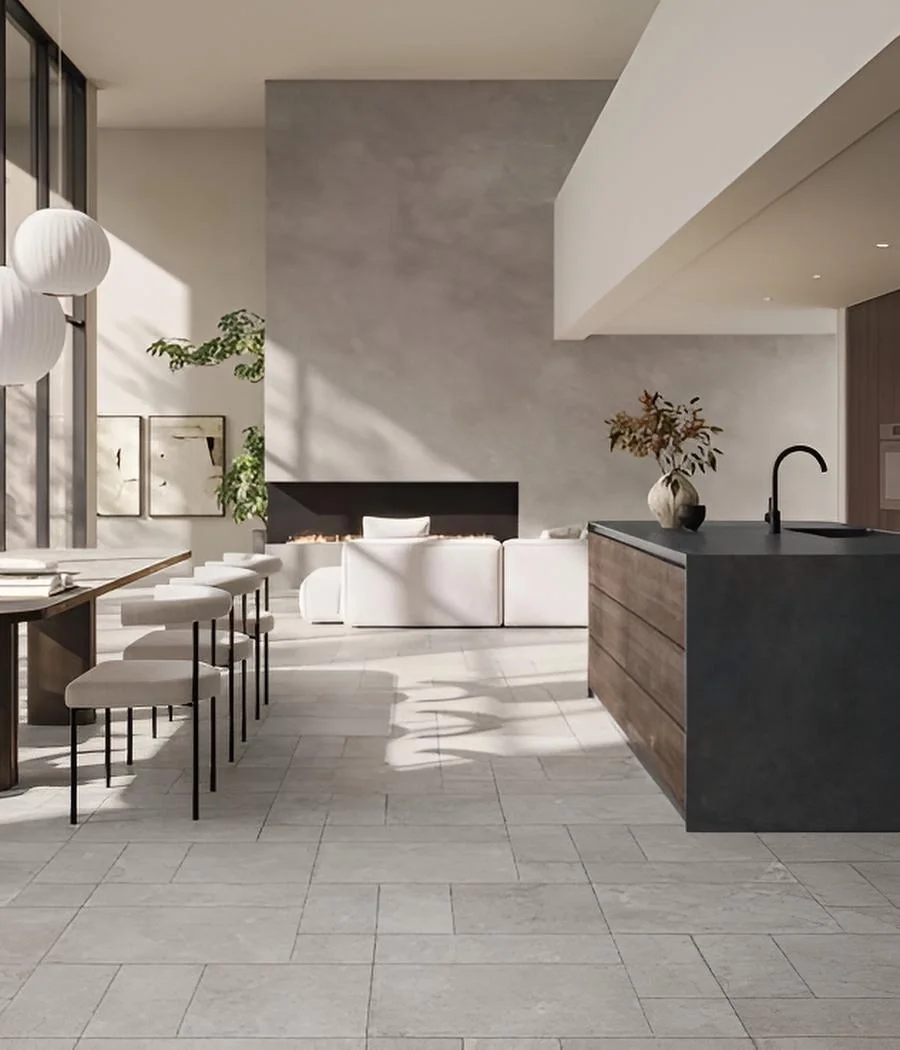 Open-concept kitchen and living area featuring the Supergres Whisper collection, limestone-effect porcelain stoneware tiles in the Cloud colorway, supplied by PietraCasa.