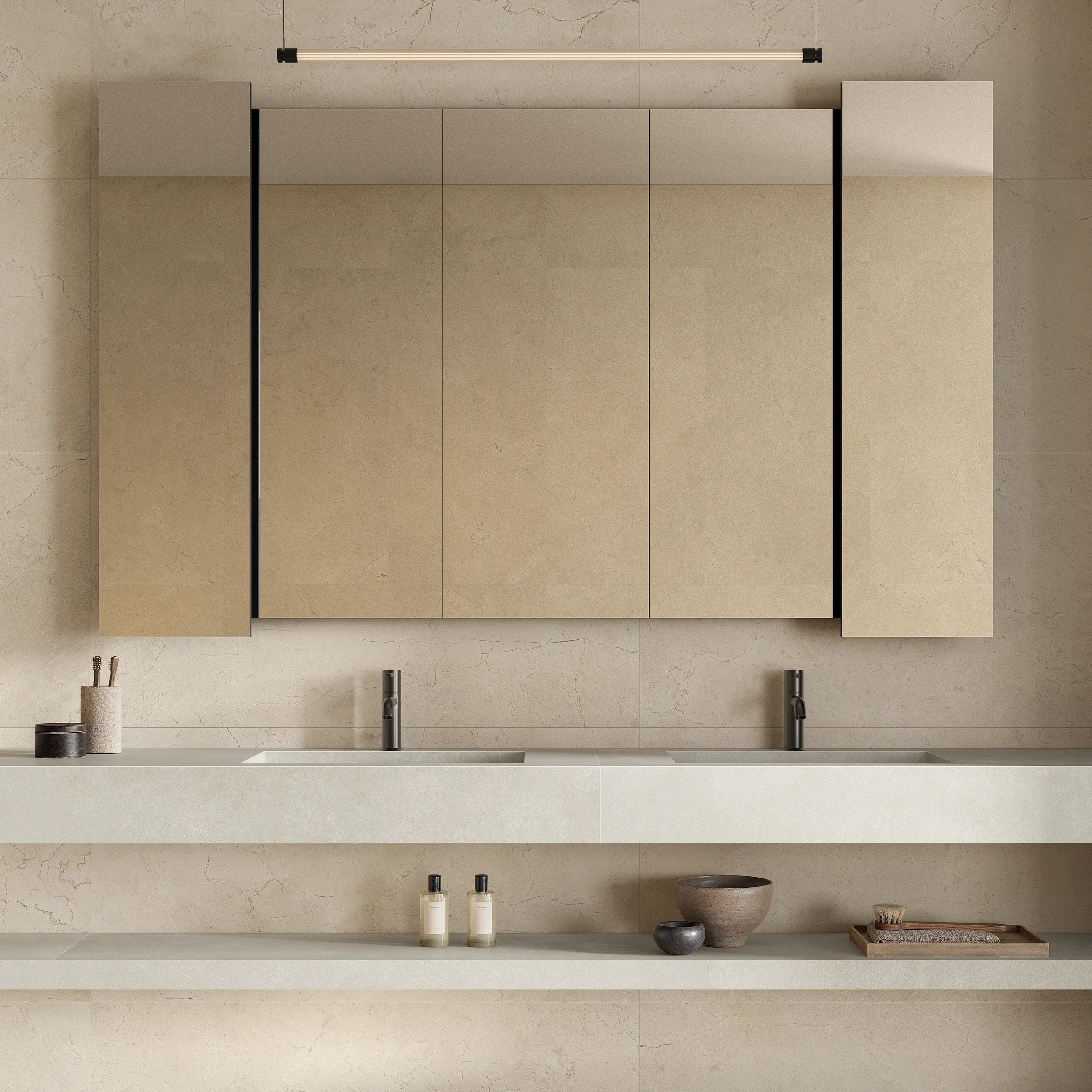 Sleek, modern bathroom vanity from the Italgraniti LINEA.2 collection, featuring an integrated double sink and a minimalist illuminated vanity mirror, available through PietraCasa.
