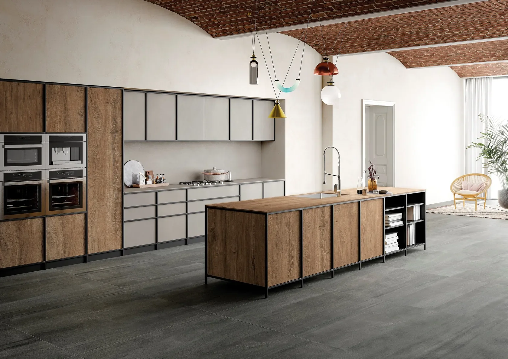 Contemporary kitchen featuring a kitchen island and matching cabinetry clad in the SapienStone Rovere Baio surface collection, supplied by PietraCasa.
