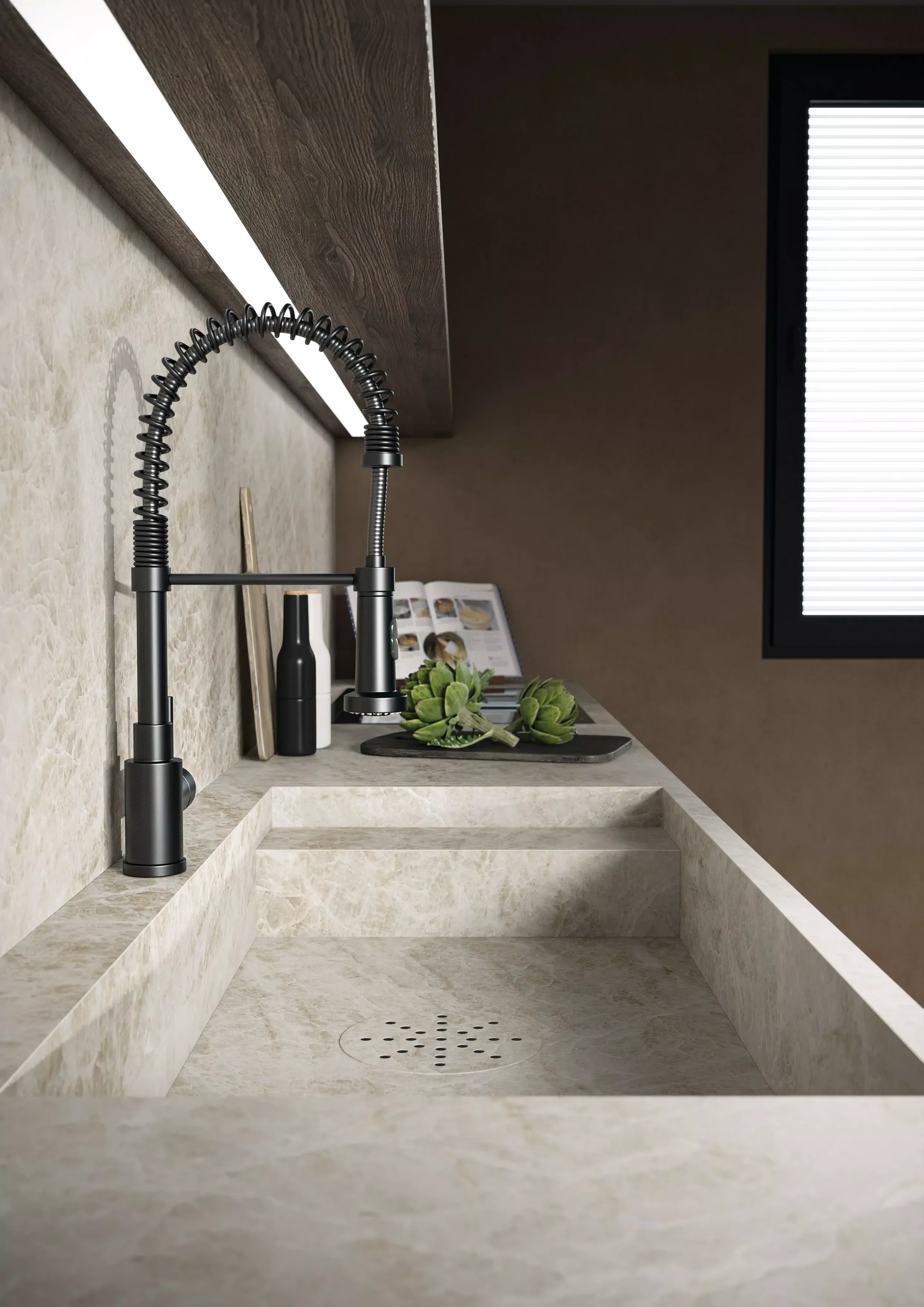 Elegant kitchen installation featuring the Florim Stone Marble Yamuna porcelain stoneware collection, expertly supplied and installed by PietraCasa.