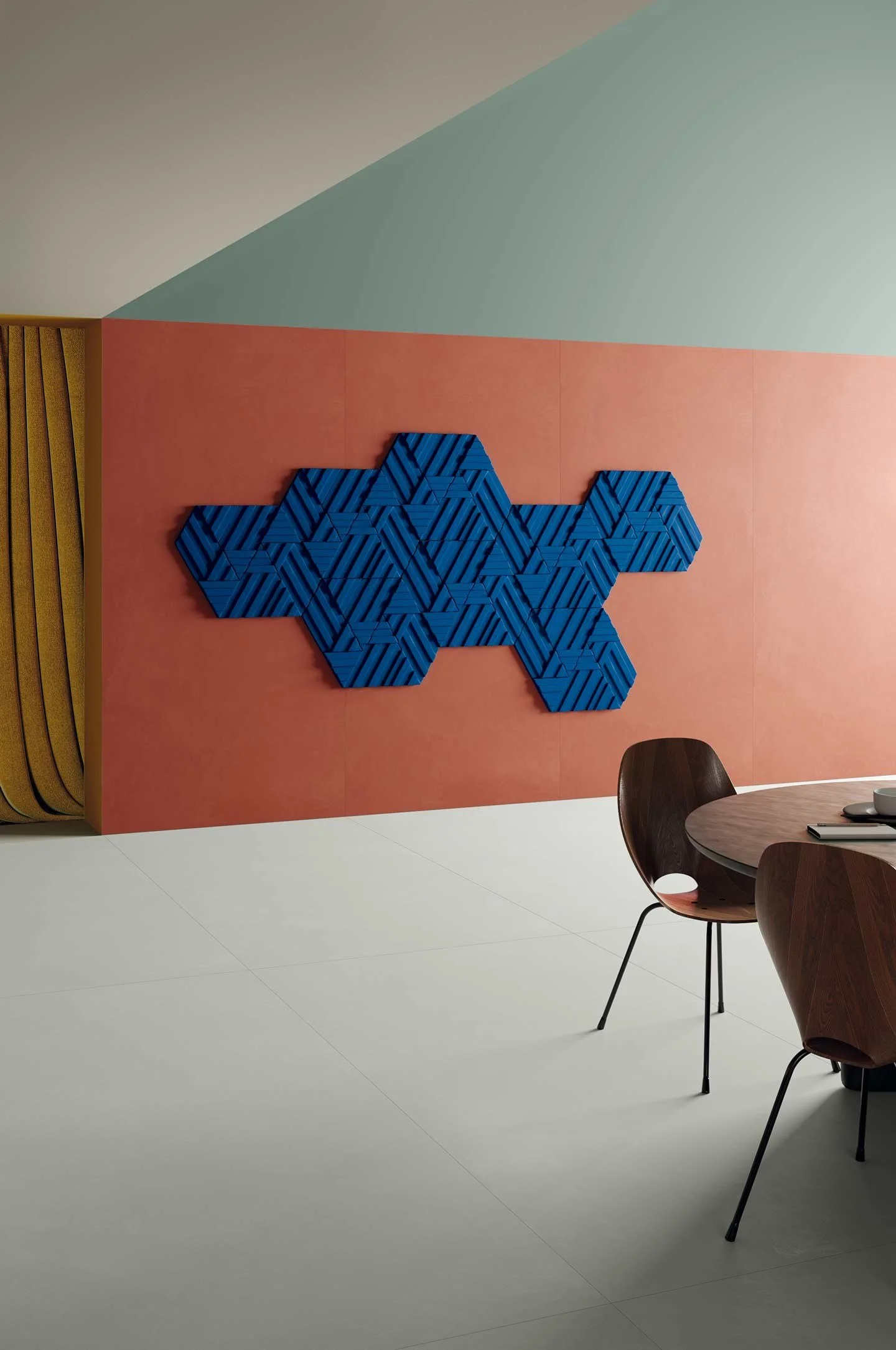 Contemporary dining interior featuring decorative 3D ceramic tiles from the CEDIT Rilievi collection designed by Zaven, supplied and installed nationwide by PietraCasa.