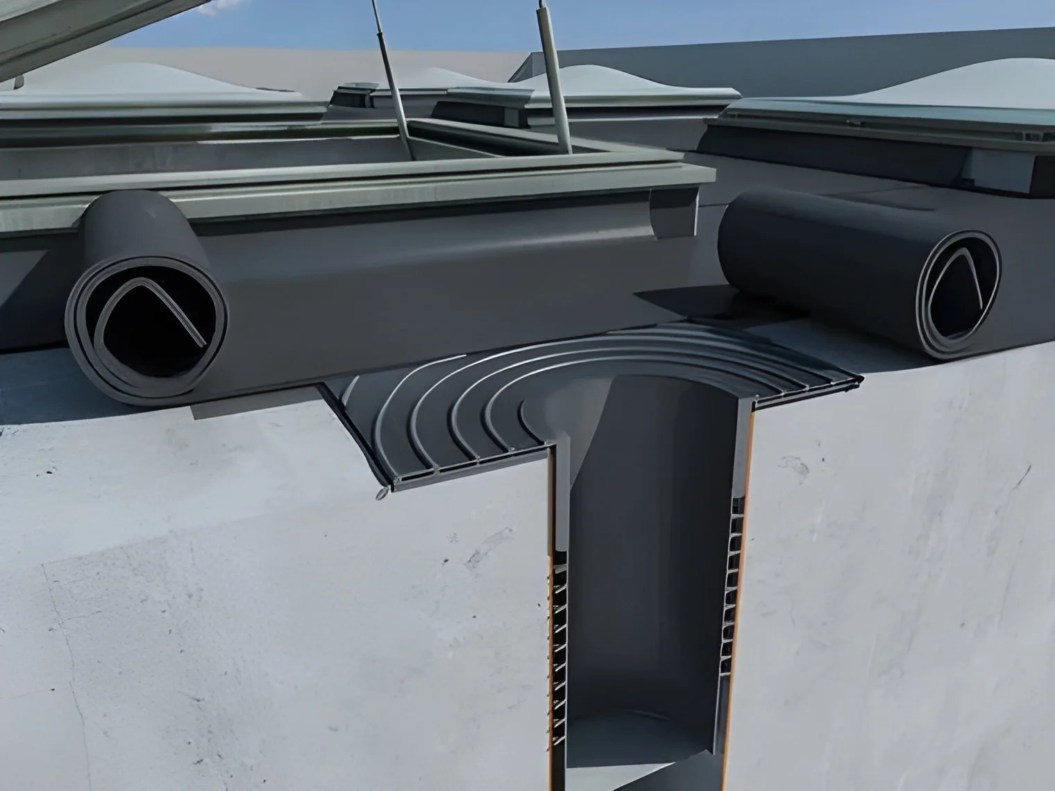 Detailed view of an Eterno Ivica flat roof drainage system, designed for high-performance water management in architectural projects, supplied and installed by PietraCasa.