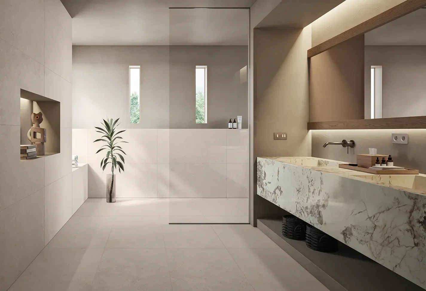 Tranquil bathroom interior featuring Heritage Pearl Portland stone-effect porcelain tiles by Ceramiche Keope, providing a soft, luminous foundation, available through PietraCasa.