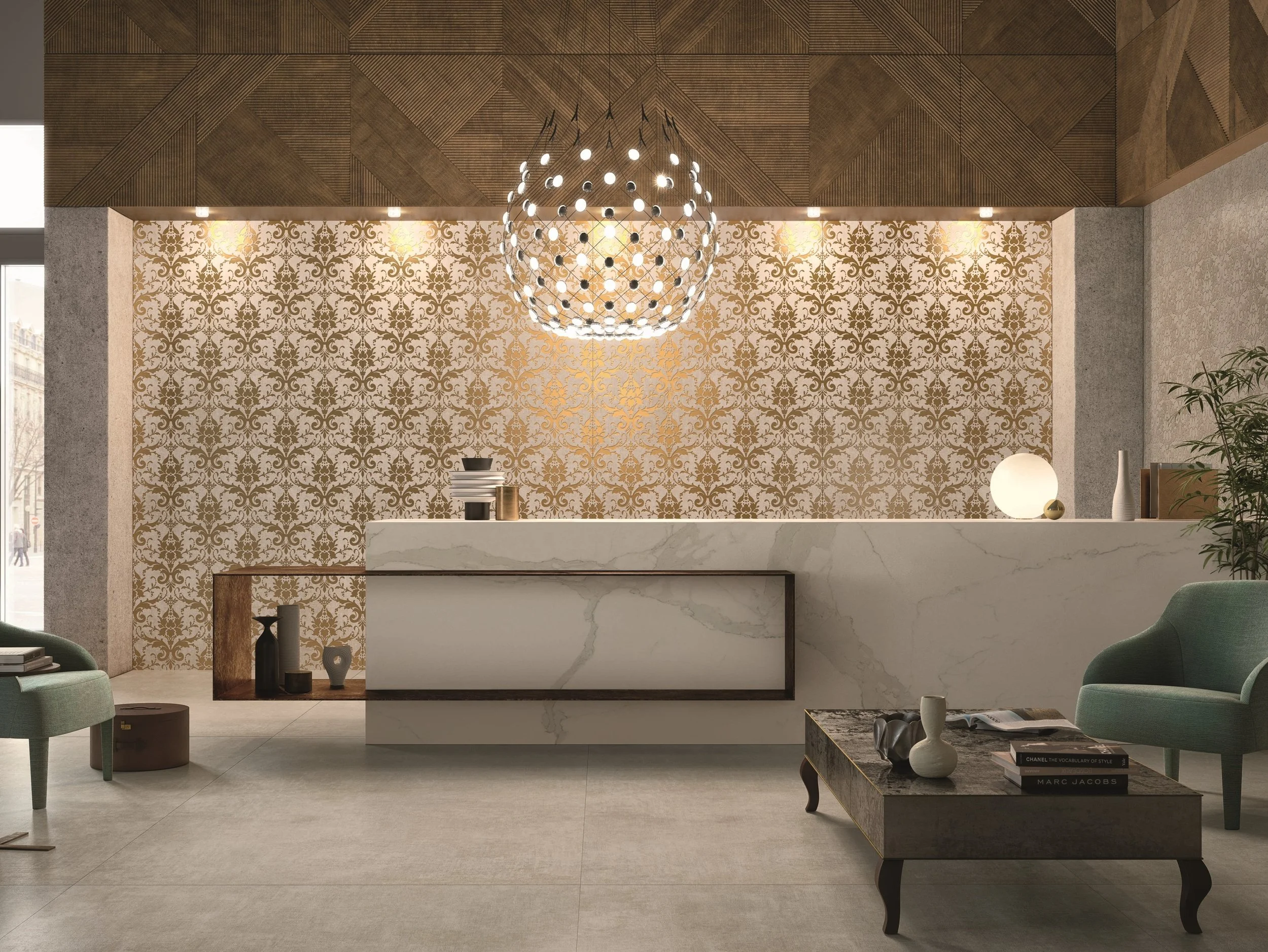 Luxury reception interior featuring large ceramic slabs from the Tesori collection by Matteo Nunziati for CEDIT, specifically the Broccato Bianco pattern in decorative porcelain stoneware, supplied and installed nationwide by PietraCasa.