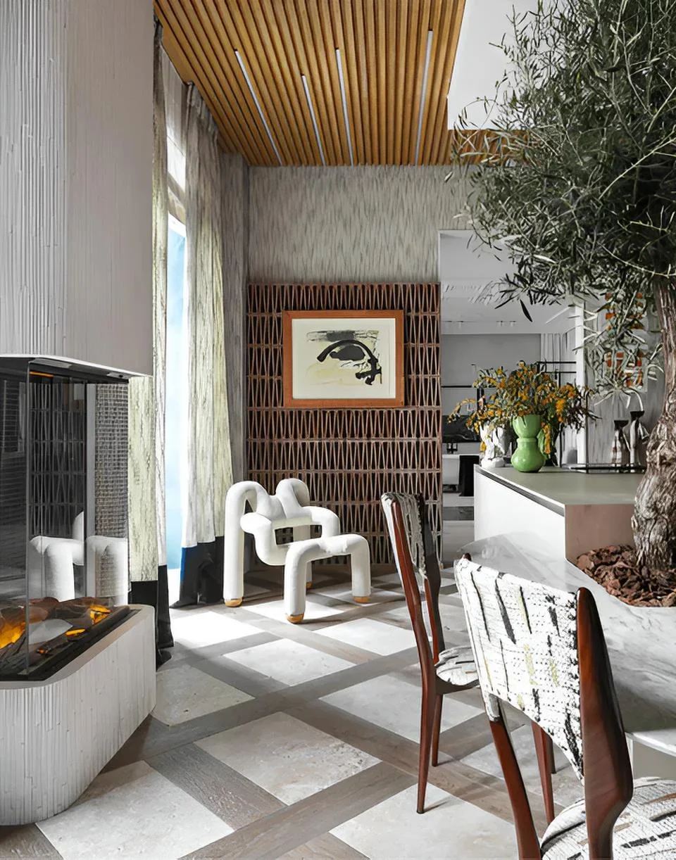 Modern living space interior featuring Celosia terracotta 3D partition blocks by Patricia Urquiola for Mutina, designed by AS Interiorista for the Espacio Gaia showcase at Casa Decor, offered through PietraCasa.