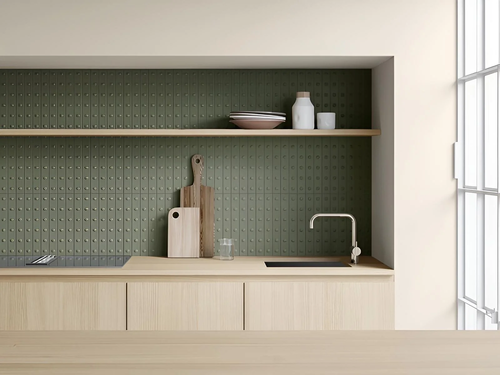 Modern minimalist kitchen featuring Mutina Punto glazed ceramic wall tiles in a matte green finish with a tactile, raised dot texture, available through PietraCasa.