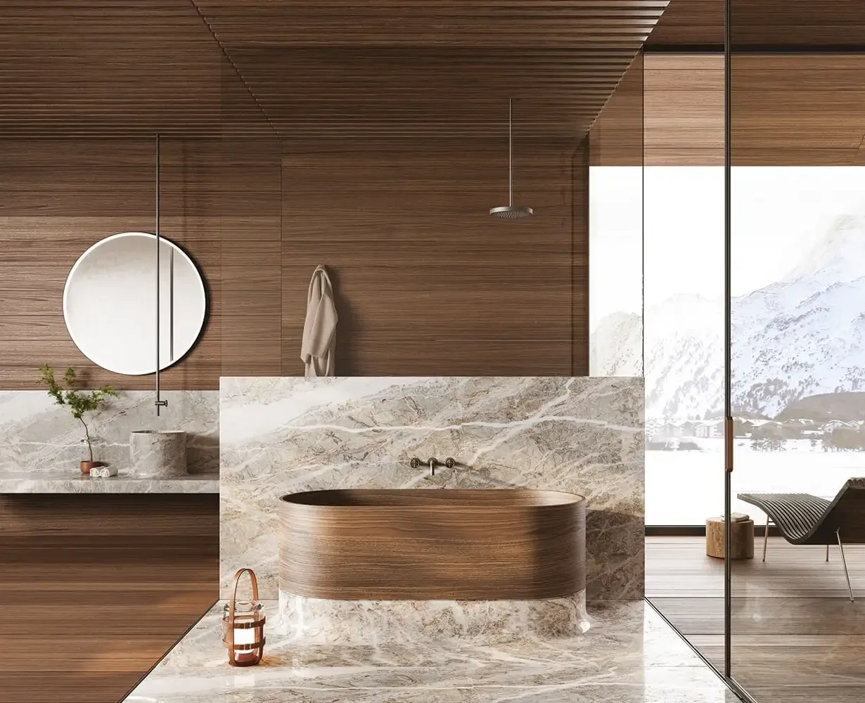 Luxurious bathroom interior featuring rare Margraf Fior di Pesco Carnico marble and rich wood textures, expertly supplied by PietraCasa.