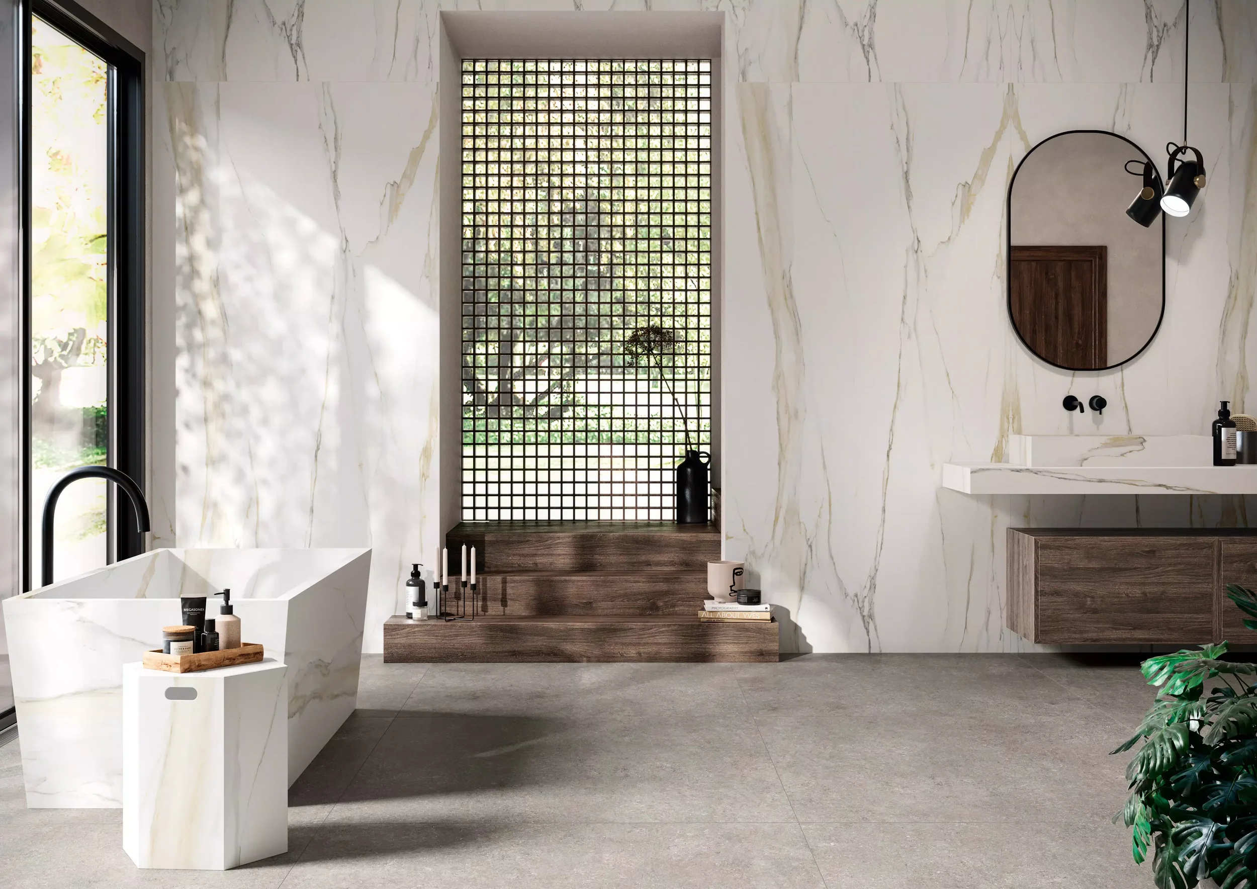 Modern bathroom featuring the Florim Stone Jura fine porcelain stoneware collection, showcasing its structural versatility for furniture and architectural surfaces, expertly supplied and installed by PietraCasa.