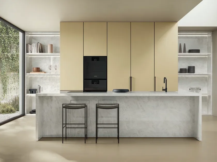 Modern kitchen interior featuring the CRISTALLO Antibacterial porcelain stoneware slab collection by Italian brand ITALSTONE, available through PietraCasa.
