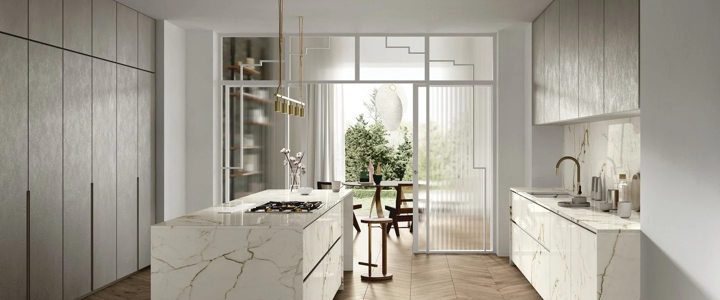 Sophisticated kitchen featuring SapienStone Calacatta Macchia Vecchia 4D porcelain stoneware slabs, replicating the look of natural white marble with bold golden-brown veins, supplied by PietraCasa.