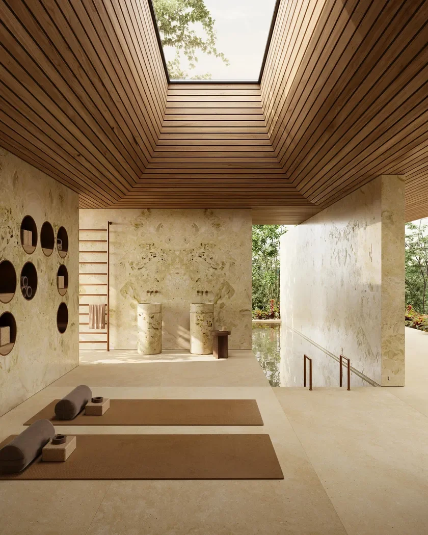 Tranquil wellness space designed by Nono Santos, showcasing the natural elegance of Italian Alma marble by Margraf, supplied by PietraCasa.