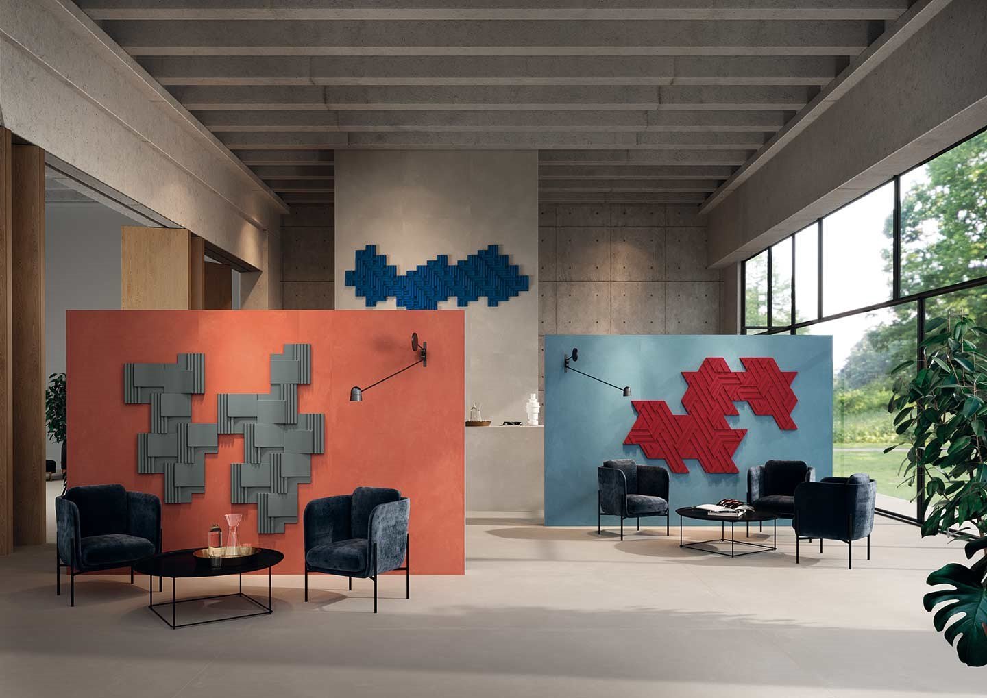 Architectural interior featuring the Rilievi collection by Cedit, designed by Zaven, which reinterprets industrial ceramics through three-dimensional, embossed geometric patterns, supplied and installed nationwide by PietraCasa.