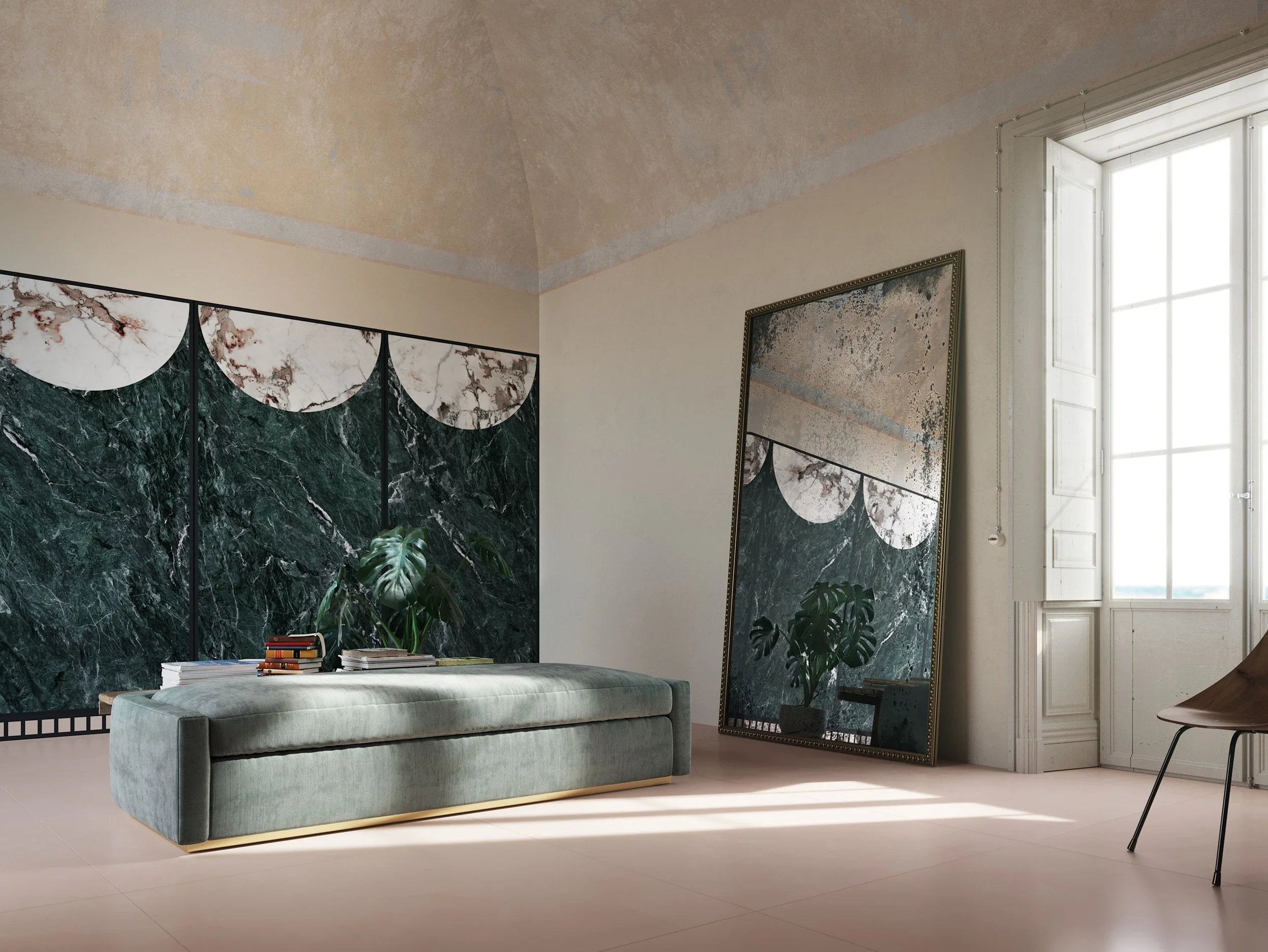 Luxury interior featuring the Florim Cedit Policroma collection, designed by Cristina Celestino, showcasing large-format porcelain slabs inspired by historical Italian marbles, supplied and installed nationwide by PietraCasa.