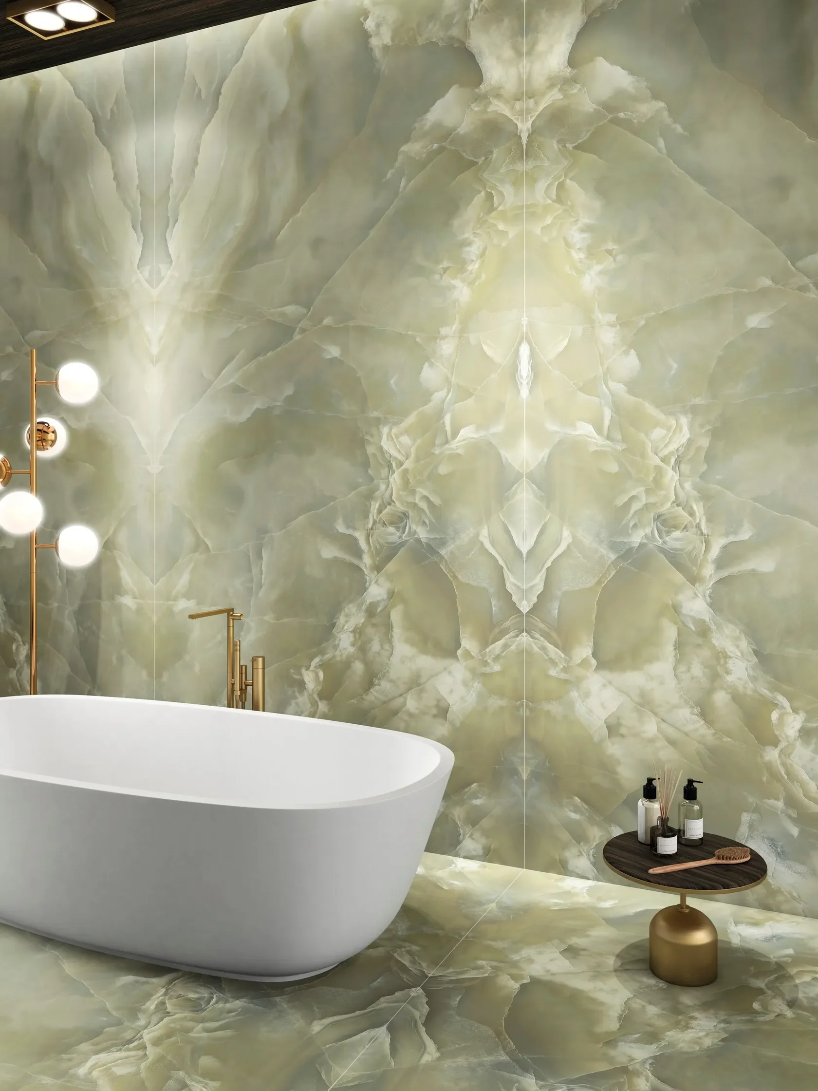 Luxurious bathroom interior featuring Maxfine Onici large-format porcelain stoneware tiles in the Onici Giada finish by FMG Fabbrica Marmi e Graniti, expertly supplied and installed by PietraCasa.