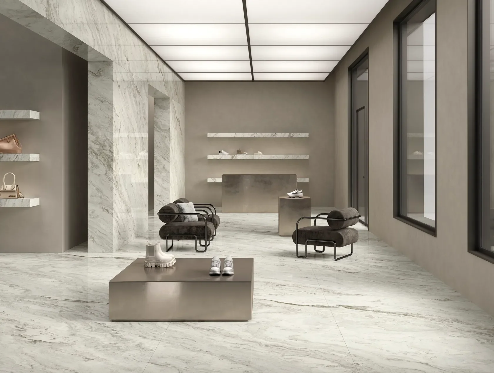 Luxurious contemporary interior featuring FMG Fabbrica Marmi e Graniti's Marmi MaxFine Palissandro Blue large-format matte porcelain tiles, characterized by sweeping soft grey and blue veins, expertly supplied and installed by PietraCasa.