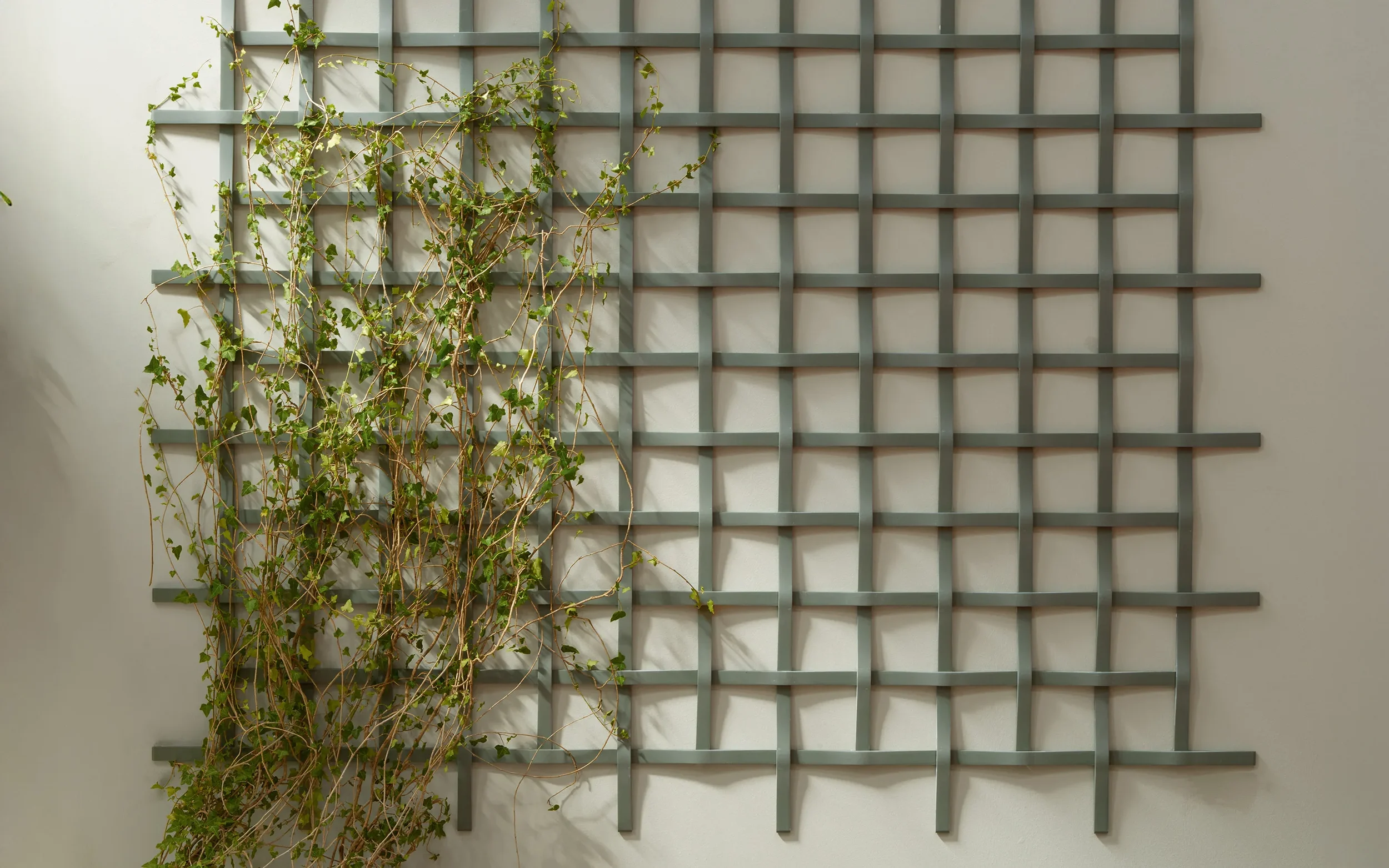The Adagio outdoor modular wall installation, a design by Ronan Bouroullec for Mutina, featuring a woven, lattice-like structure partially covered in climbing ivy, offered by PietraCasa.