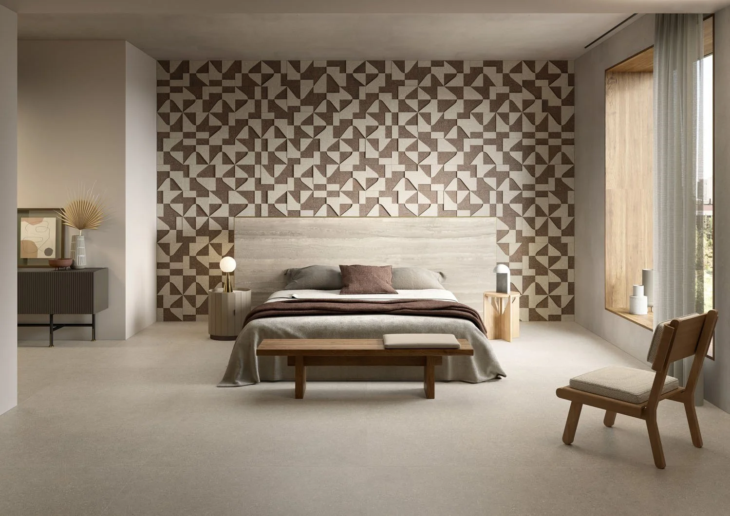 Modern bedroom interior featuring the Compatta porcelain stoneware collection by Florim CEDIT, designed by Federico Peri, supplied and installed nationwide by PietraCasa.