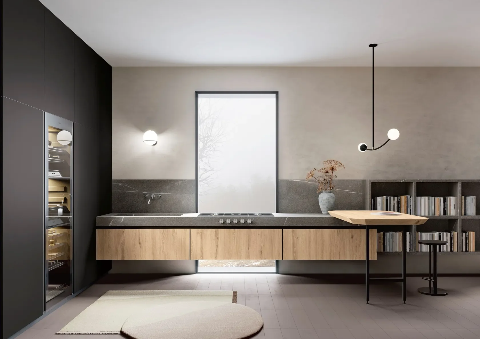 Contemporary linear kitchen featuring SapienStone Piasentina porcelain stoneware on the worktop, integrated sink, and backsplash, supplied by PietraCasa.