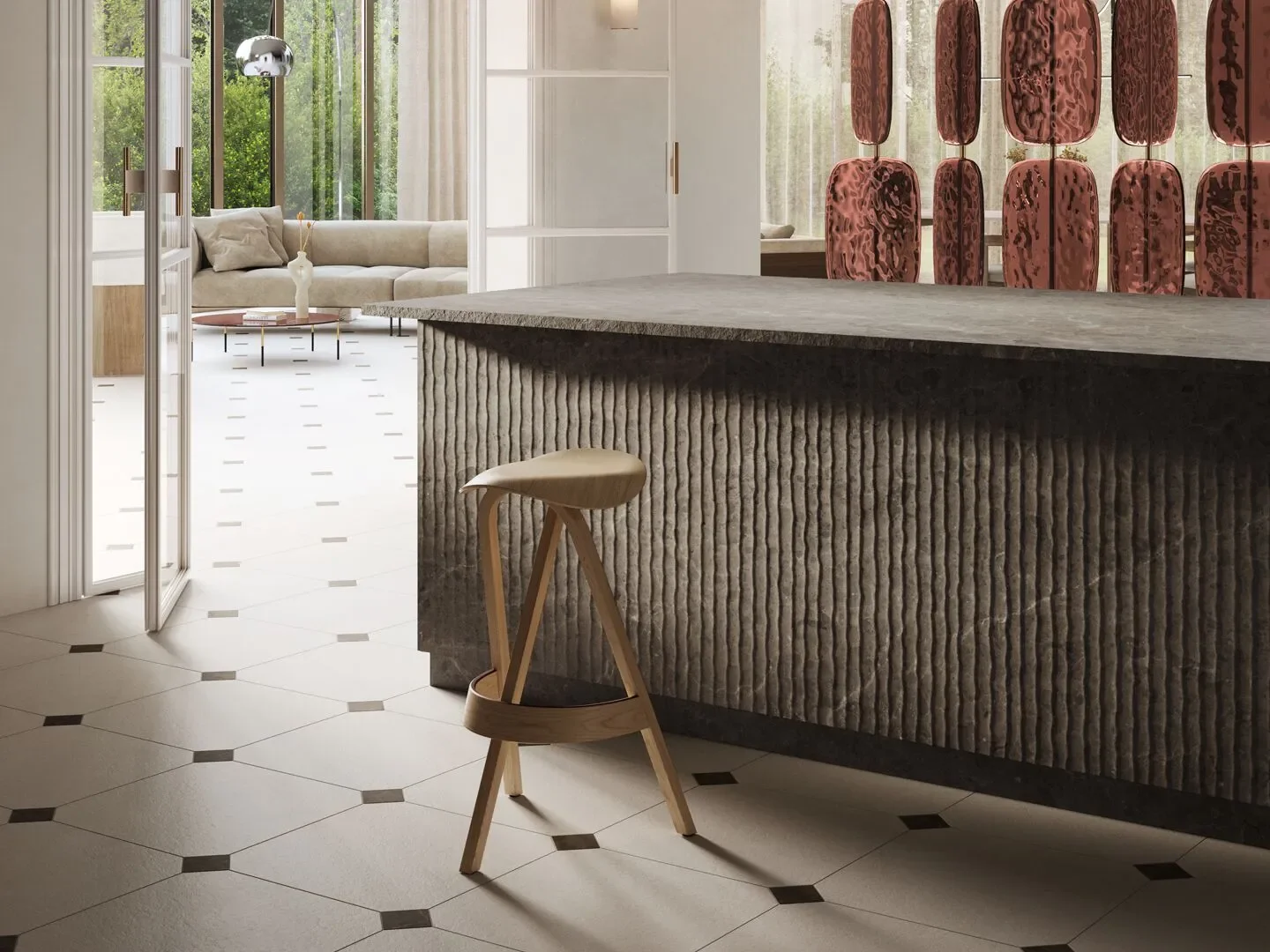 Sophisticated kitchen island and backsplash featuring SapienStone Grigio Savelli porcelain with a Velo finish, providing a textured, velvet-like appearance, supplied by PietraCasa.