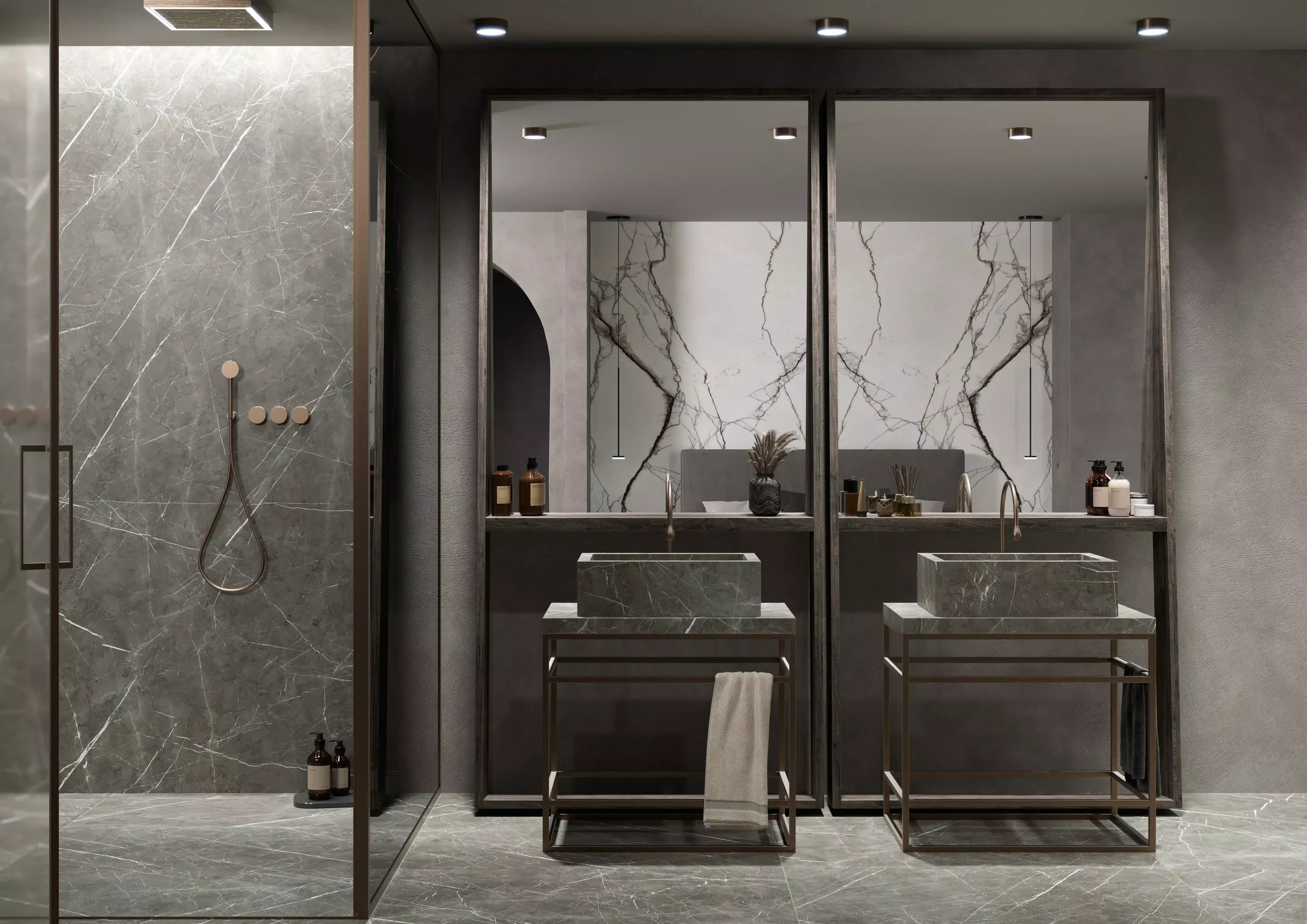 Modern bathroom featuring shower walls, floors, vanity tops, and custom block sinks styled with Marble Gray porcelain stoneware from the FLORIM stone collection, expertly supplied and installed by PietraCasa.