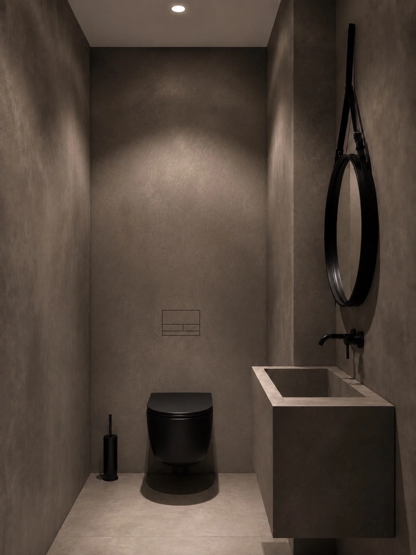 Minimalist powder room featuring a flush-mounted Clanea toilet flush plate, supplied and installed by PietraCasa.