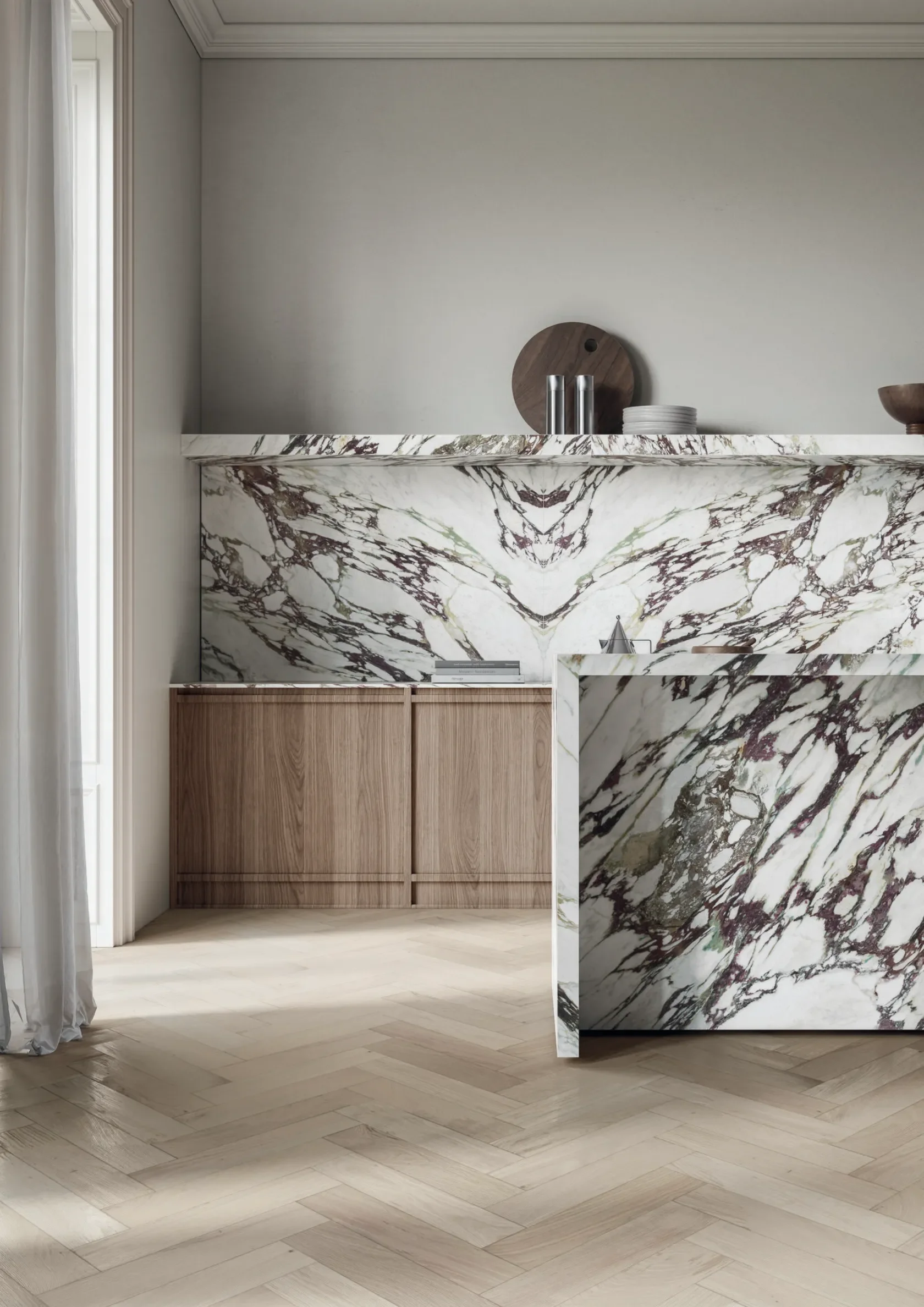 Luxury kitchen featuring the Italstone Calacatta Viola large-format porcelain slab, an antibacterial ceramic reinterpretation of Italian Breccia Medicea marble, produced by the Italgraniti Group and available through PietraCasa.