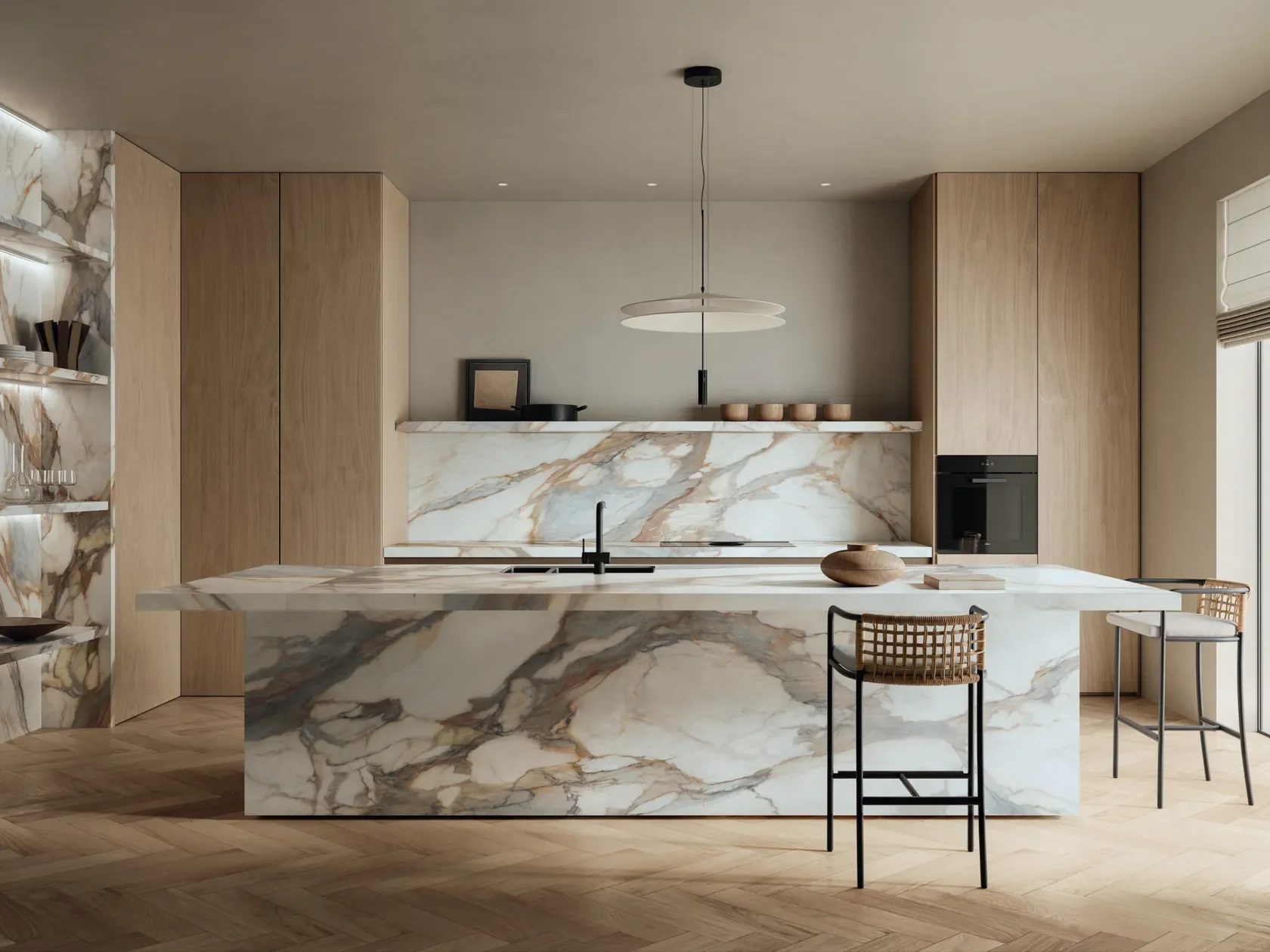 Modern kitchen island featuring Calacatta Pink, also known as Calacatta Viola or Calacatta Rose, marble-effect porcelain stoneware by Italstone, available through PietraCasa.