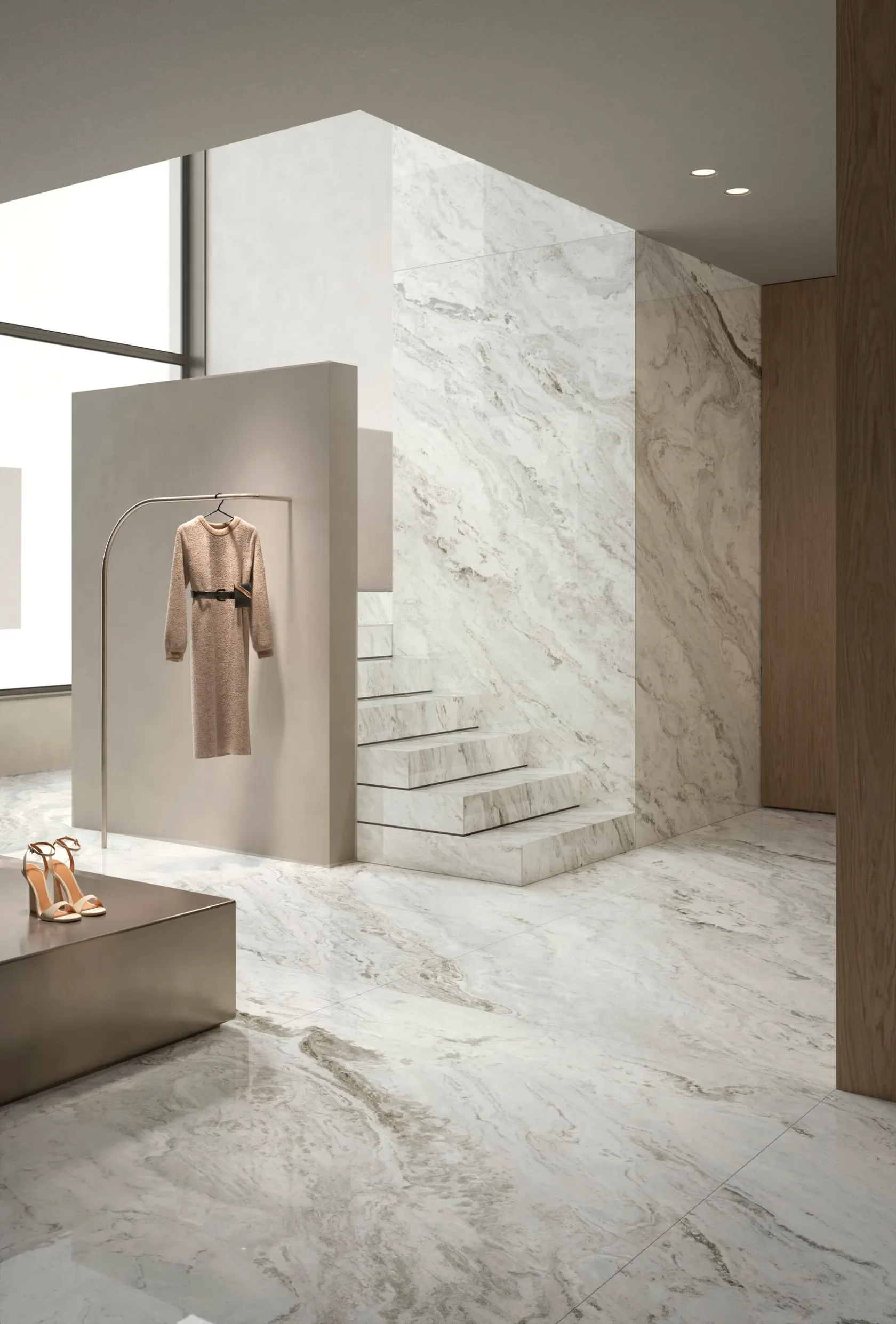Luxurious interior featuring FMG Marmi MaxFine Palissandro Blue polished large-format porcelain tiles, which realistically mimic the rich grey and blue veining of natural marble, expertly supplied and installed by PietraCasa.