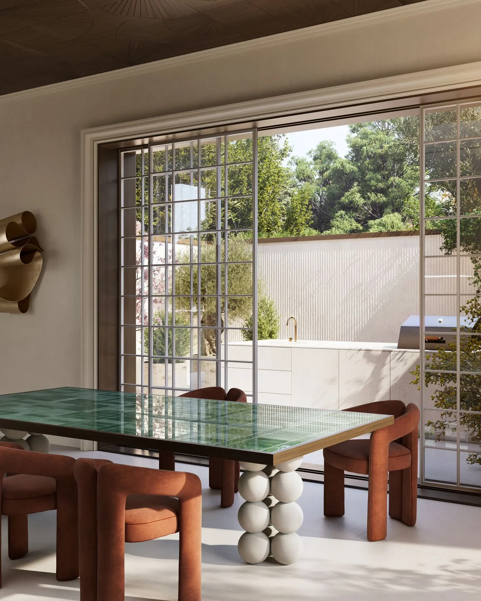 Minimalist outdoor kitchen featuring SapienStone Crema Neve porcelain surfaces for the countertop and cabinetry cladding, supplied by PietraCasa.