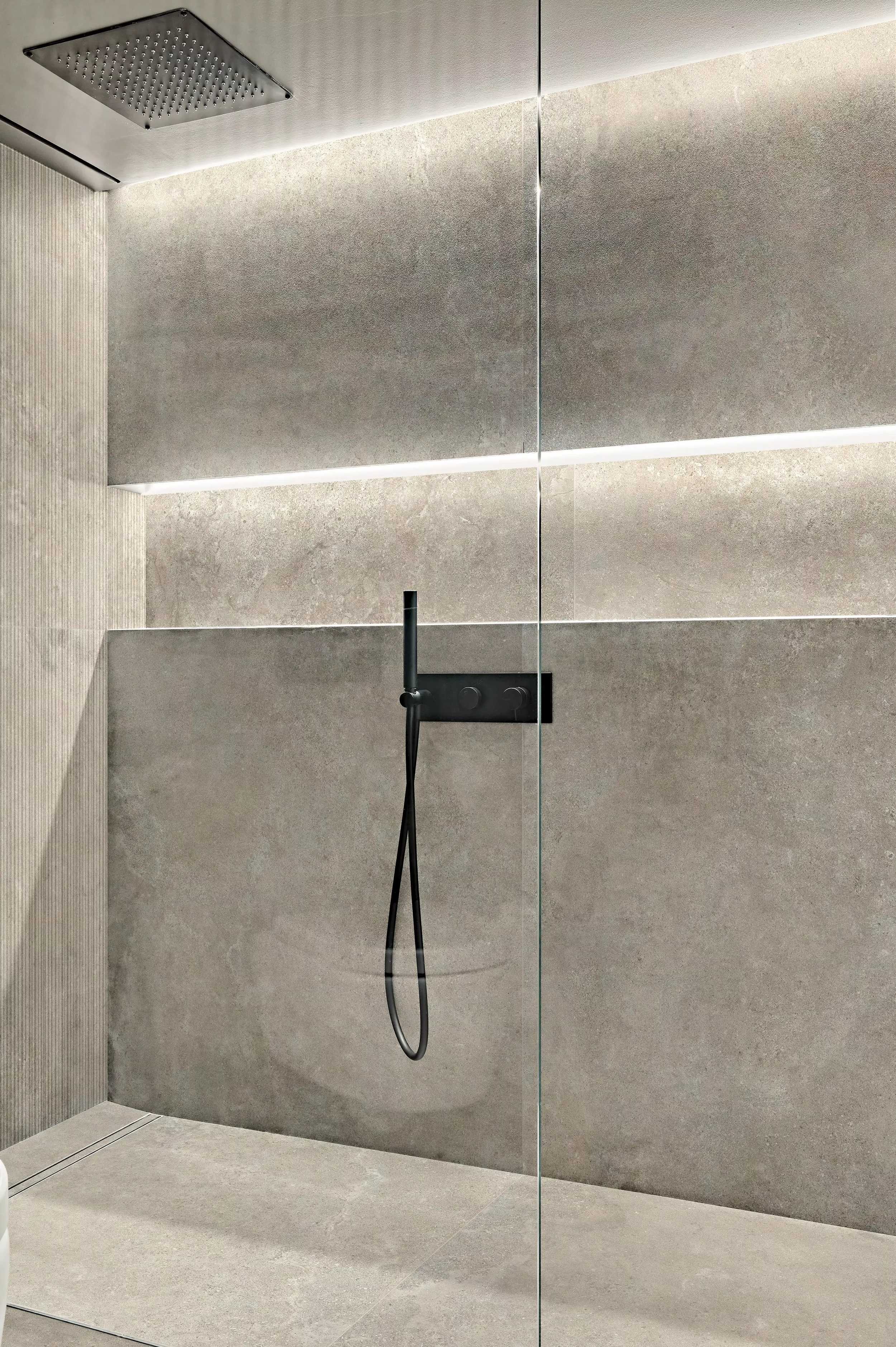 Modern bathroom shower featuring Florim Casual Life Dove Grey tiles with a minimalist, matte finish, expertly supplied and installed by PietraCasa.