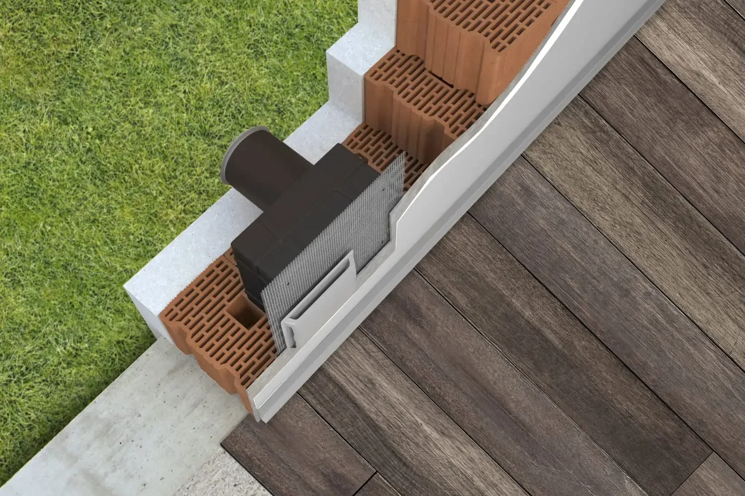 Technical cross-section detailing the installation of the Eterno Ivica Rumor Block acoustic silencer kit, engineered for effective sound insulation in building ventilation holes, supplied and installed by PietraCasa.