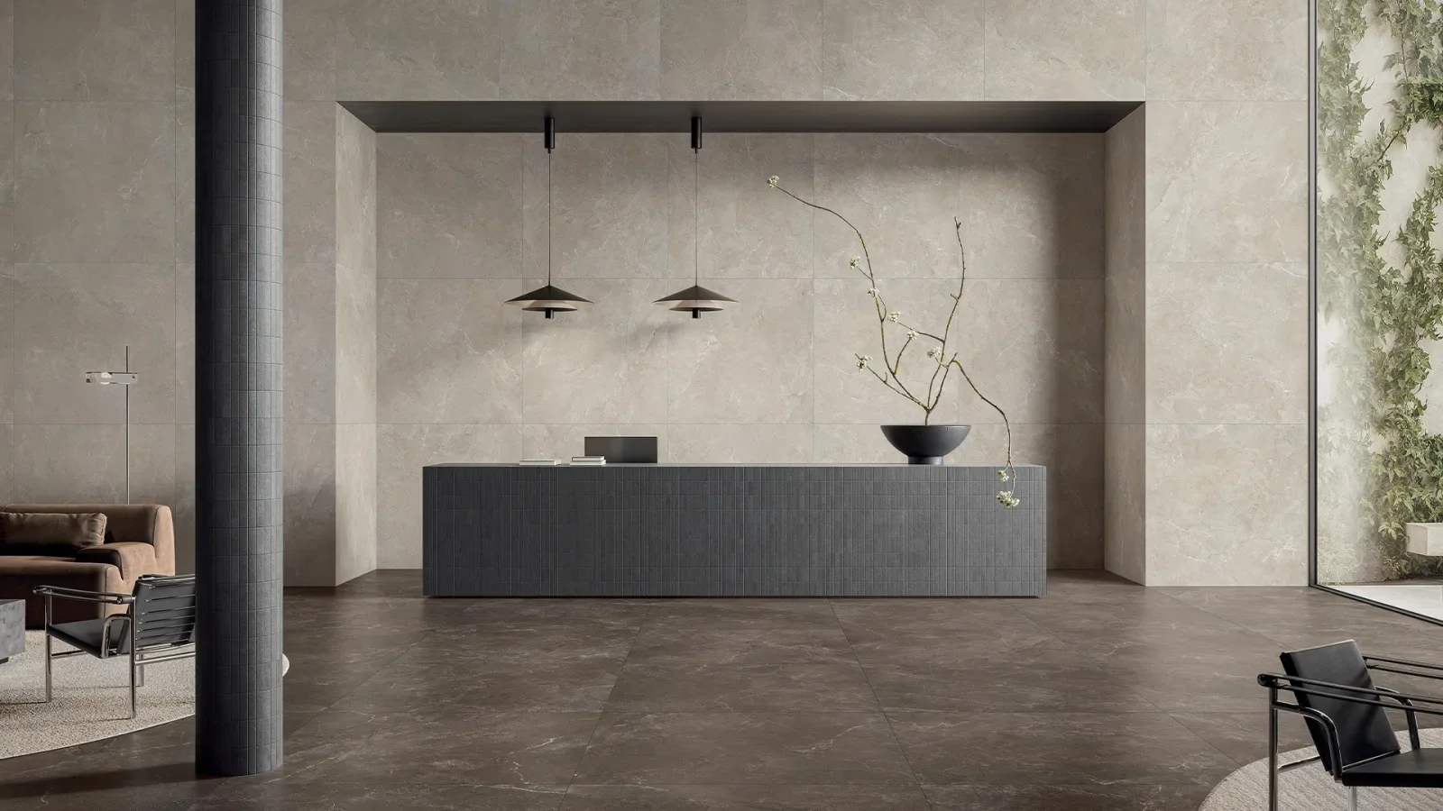 Sophisticated interior space featuring premium porcelain stoneware from the Arcadia collection by Impronta, showcasing warm Crema wall cladding and deep, rich Terra flooring, supplied and installed by PietraCasa.