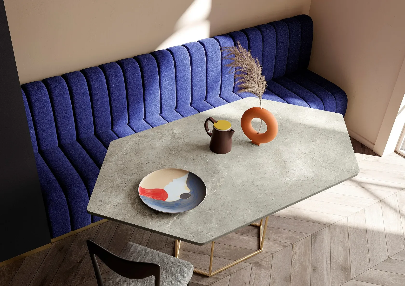 Custom table featuring SapienStone Palladium Grey sintered porcelain, showcasing a deep gray base with pearlescent detailing and subtle veining, supplied by PietraCasa.