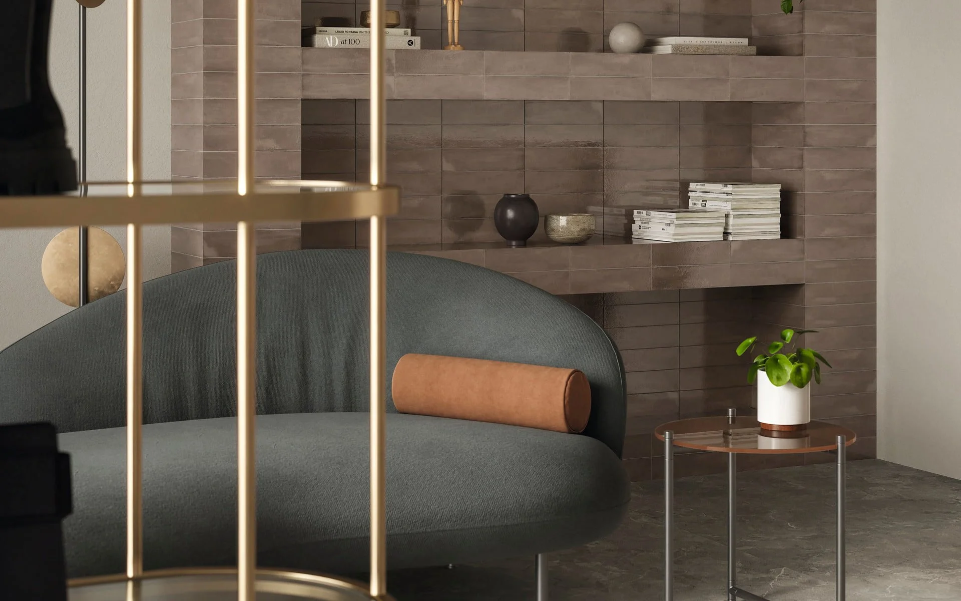 Interior space featuring Iris Ceramica's Pietra Di Sciara collection, providing primordial, earth-toned charm to walls and floors, complemented by a contemporary grey sofa and minimalist decor, available through PietraCasa.