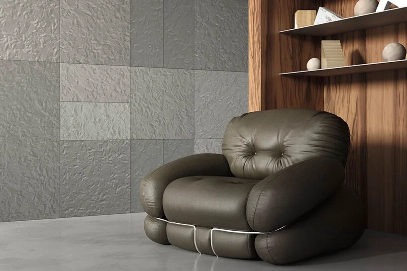 Modern interior featuring the Fiandre Tribute100 ceramic collection, showcasing a sculptural wall surface with a textured, matte finish, expertly supplied and installed by PietraCasa.