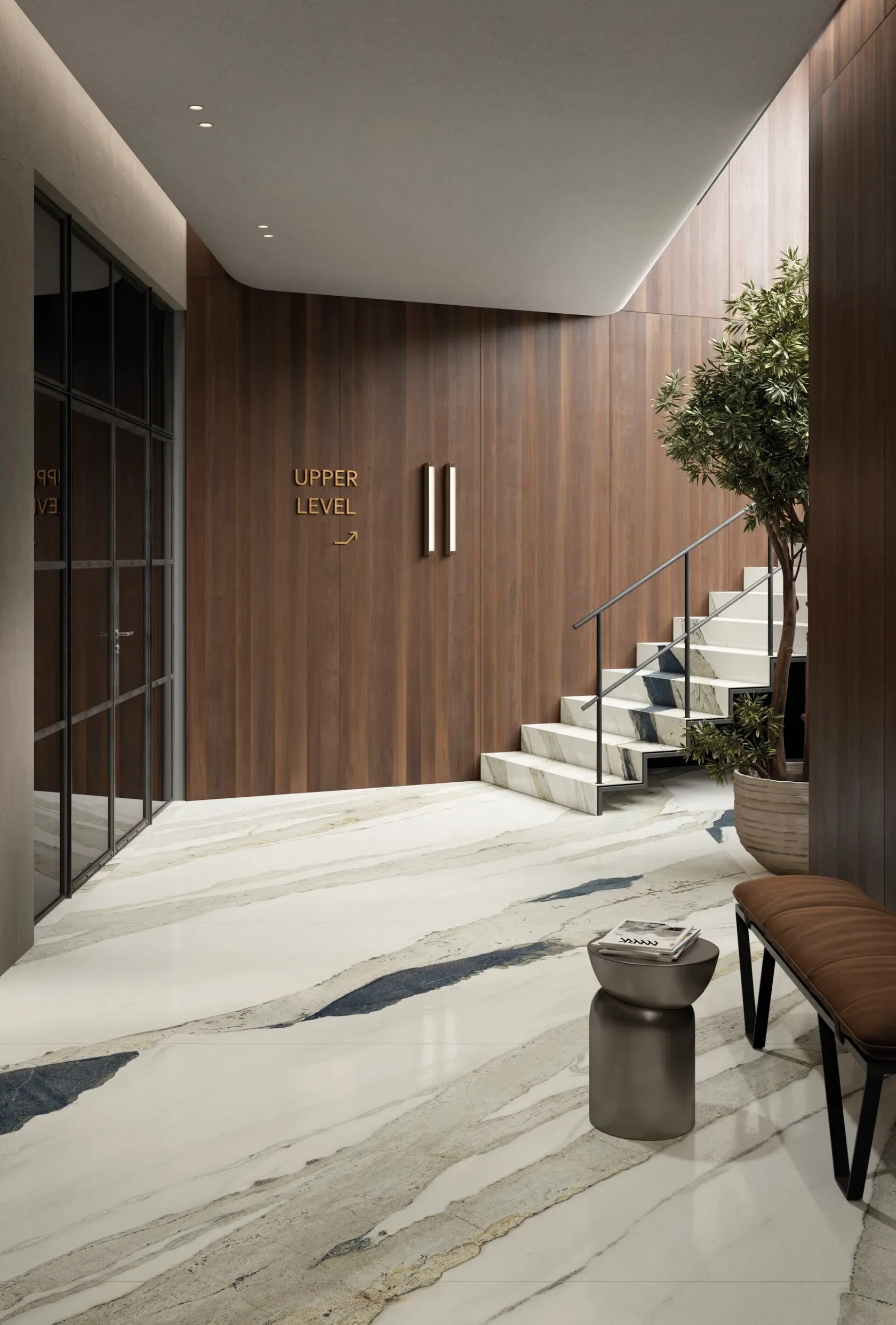 Luxurious interior featuring Marmi MaxFine Vogue large-format porcelain tiles by Italian manufacturer FMG Fabbrica Marmi e Graniti, expertly supplied and installed by PietraCasa.