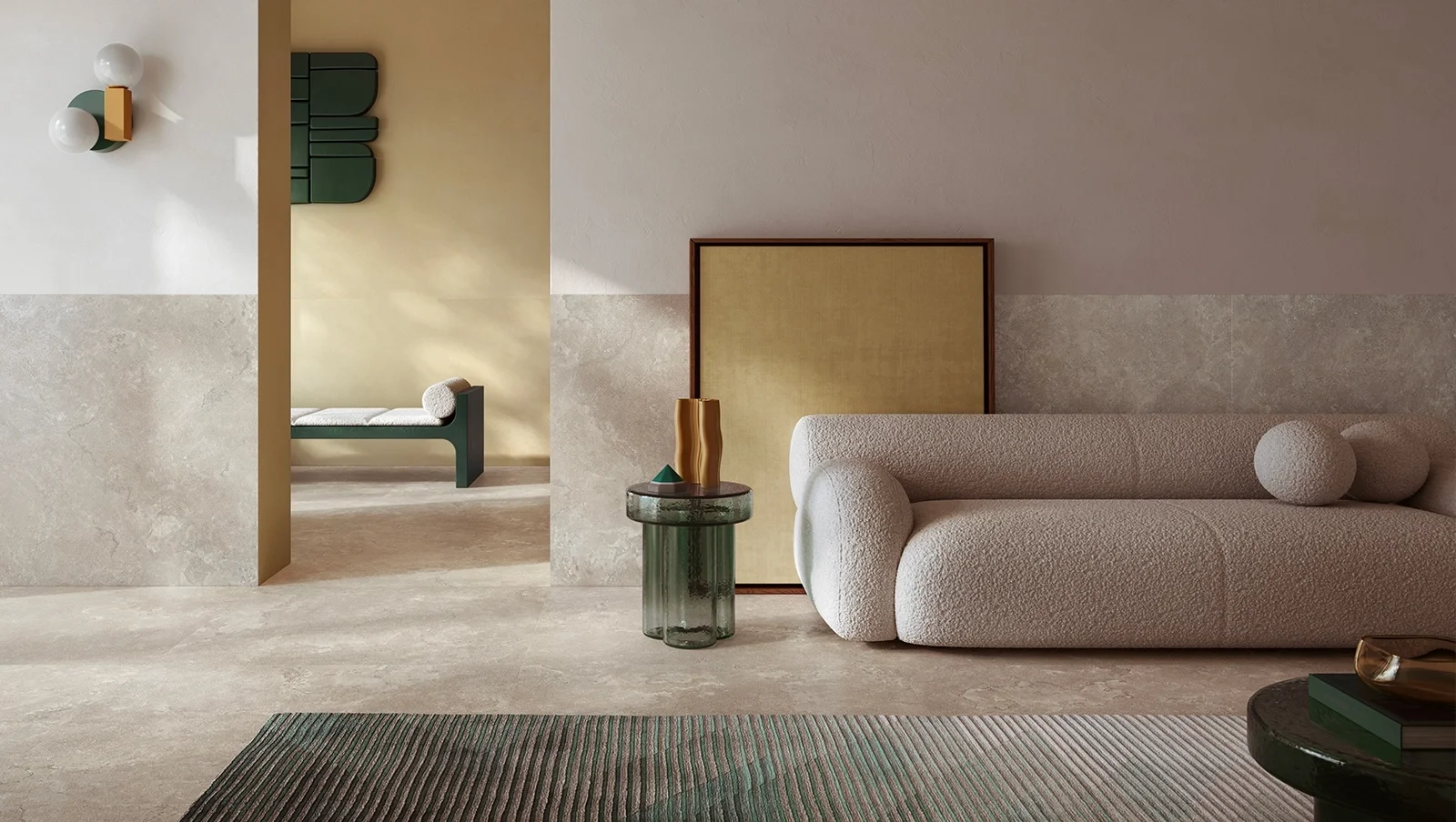 Sophisticated living space featuring the Dorset collection by Italgraniti Group, a premium limestone-effect porcelain stoneware, available through PietraCasa.