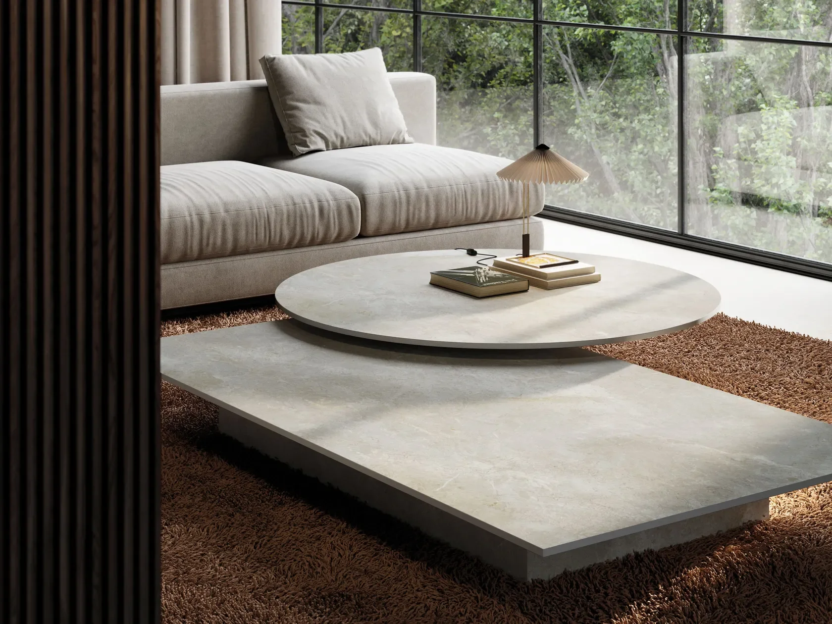 Contemporary living room coffee table set crafted from SapienStone Platinum White porcelain stoneware, showcasing a sleek, minimalist design, supplied by PietraCasa.
