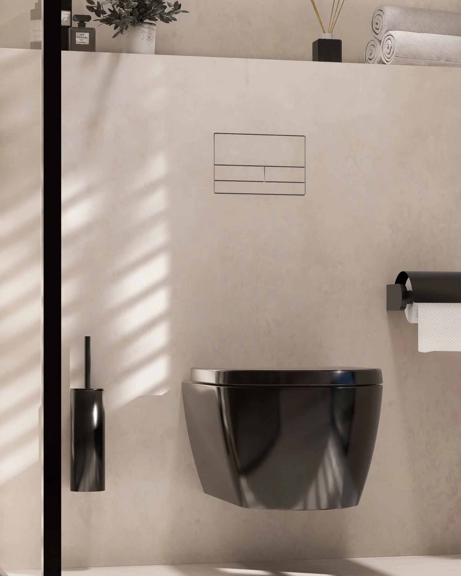 Sleek, minimalist bathroom design featuring advanced hardware by Swiss manufacturer CLANEA, supplied and installed by PietraCasa.