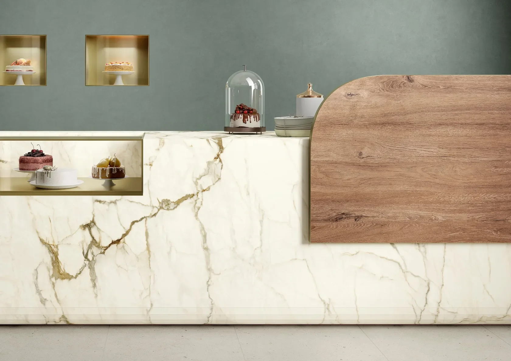 Luxurious commercial pastry counter featuring SapienStone Calacatta Macchia Vecchia porcelain surfaces and Rovere Baio wood grain panels, supplied by PietraCasa.