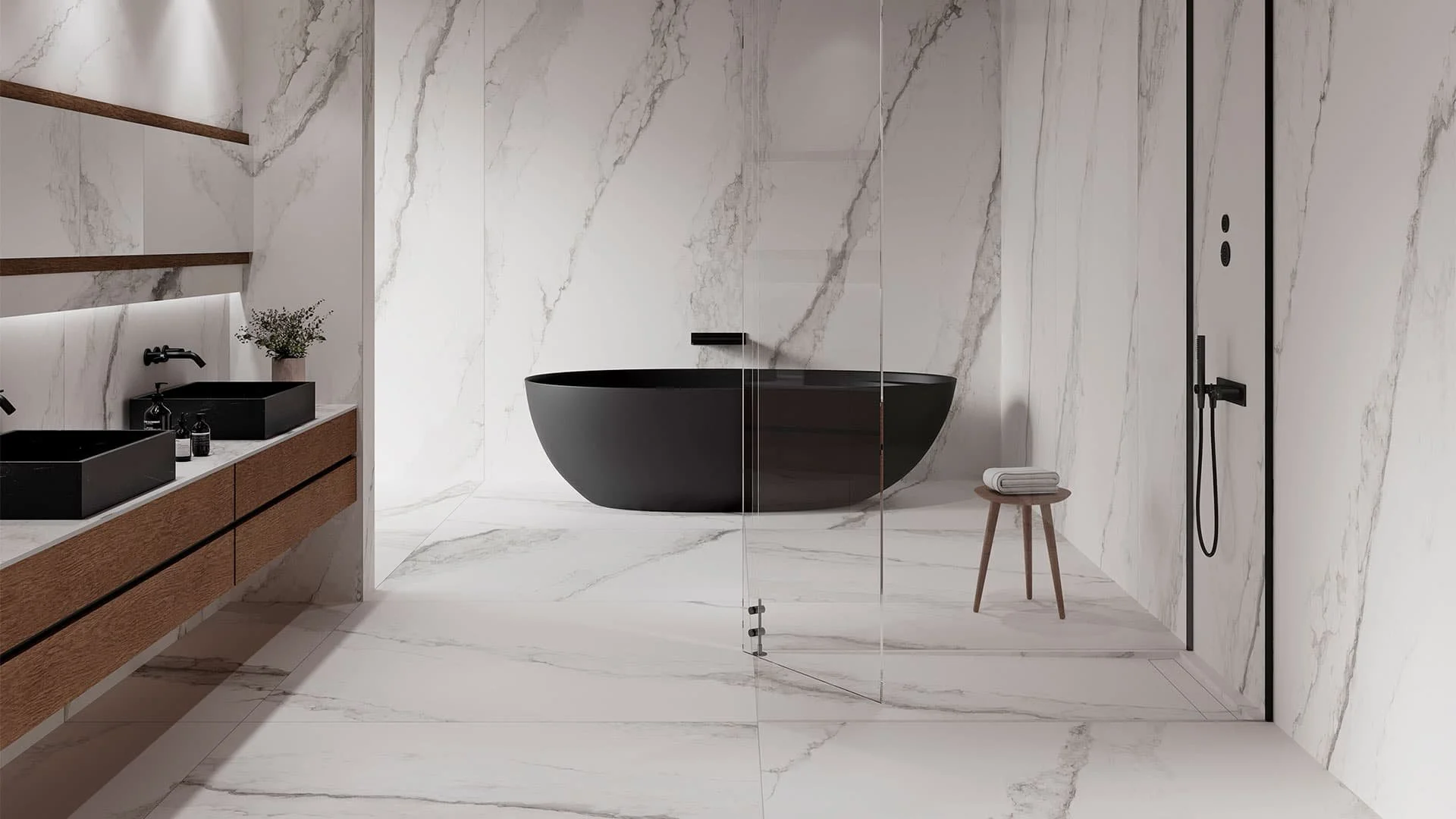 Luxurious bathroom suite featuring the Inalco Senda collection, showcasing large-format ceramic surfaces with a refined marble-effect aesthetic, exclusively distributed in the UK by PietraCasa.