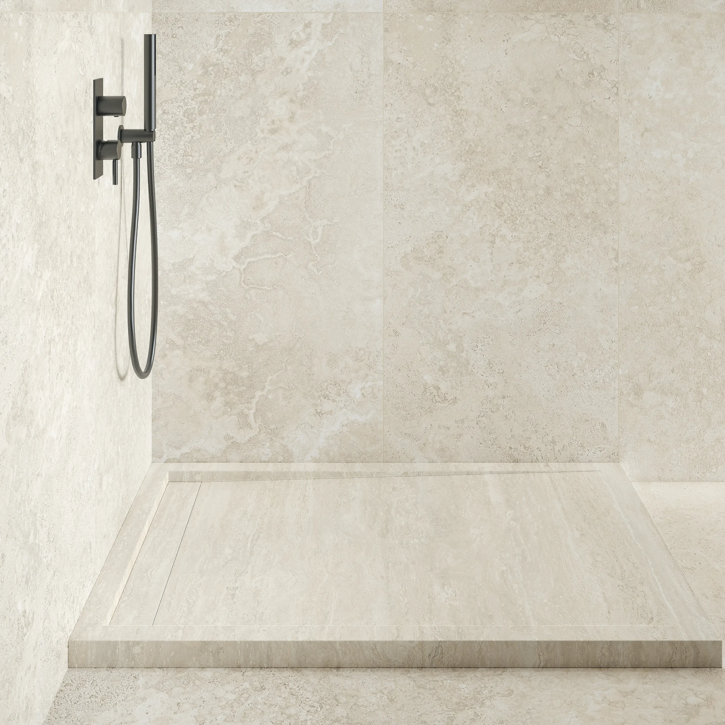 Seamlessly coordinated walk-in shower configuration featuring premium bathroom furnishings from the Italgraniti Group, available through PietraCasa.