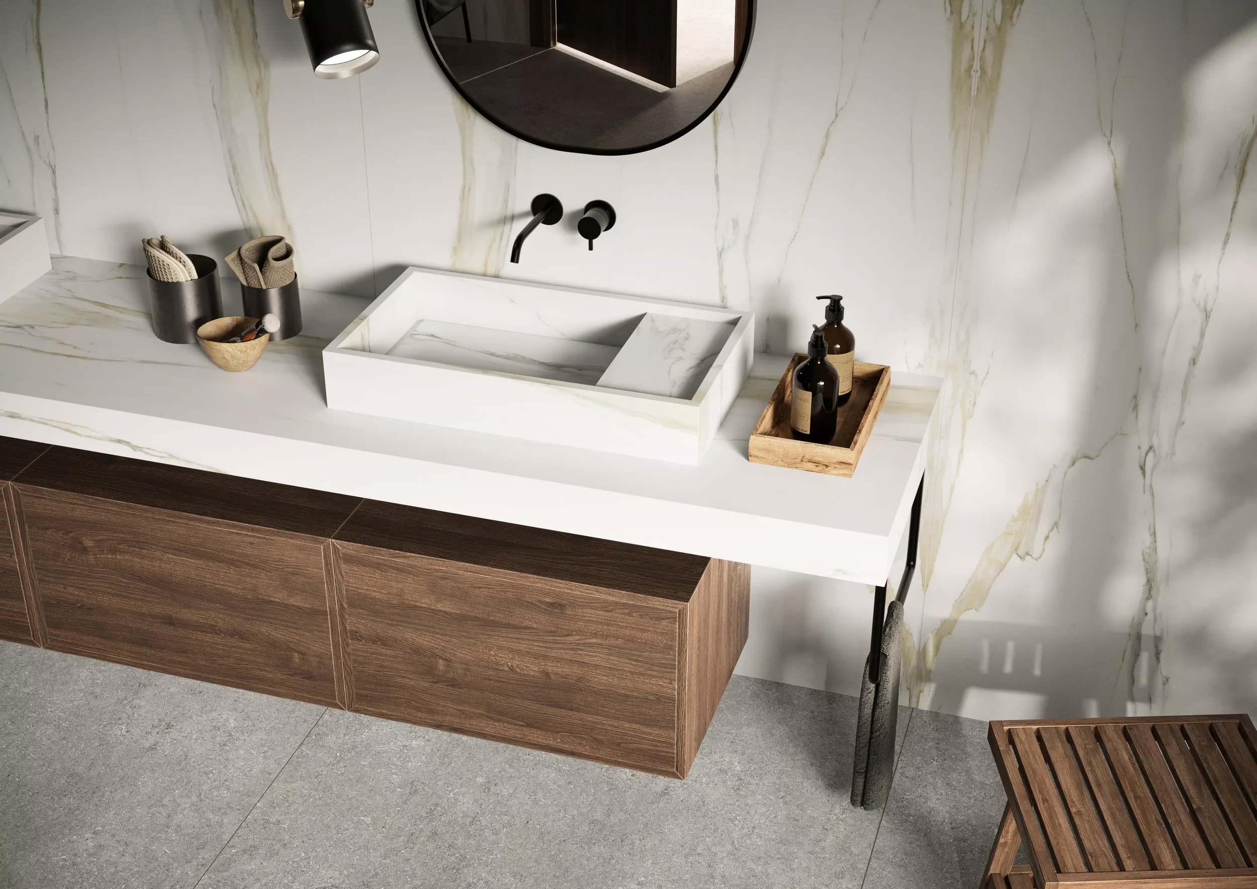 Modern bathroom vanity featuring the Florim Stone Jura fine porcelain stoneware collection, showcasing its structural versatility for furniture and architectural surfaces, expertly supplied and installed by PietraCasa.