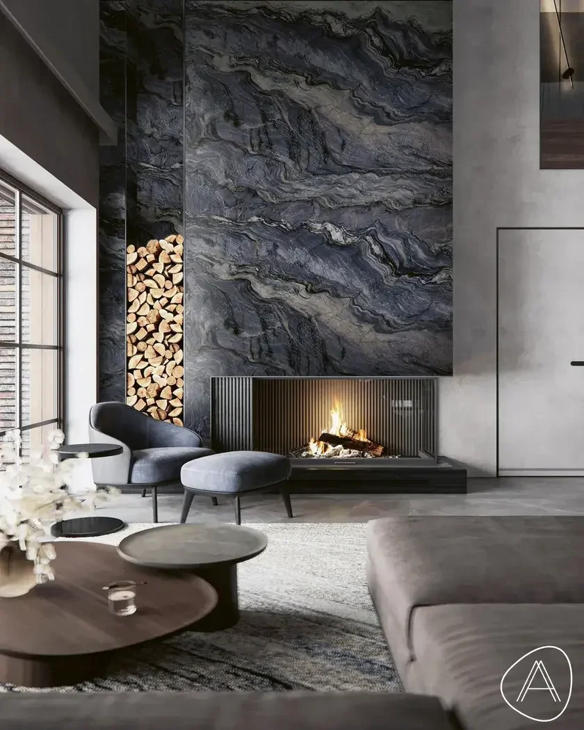 Stunning stone feature wall crafted from Antolini Explosion Blue Quartzite, showcasing wave-like patterns in blues and greys, supplied by PietraCasa.
