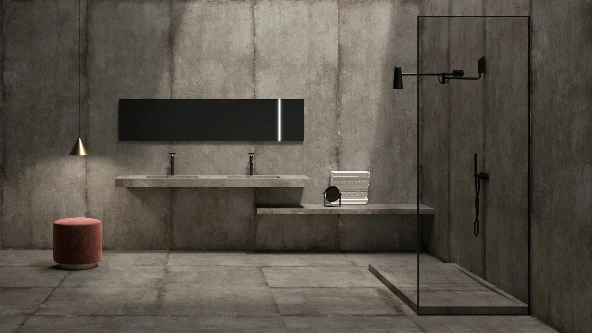 Modern industrial-style bathroom featuring walls and floors clad in large-format Ariostea Ultra Teknostone porcelain stoneware slabs, supplied and installed nationwide by PietraCasa.