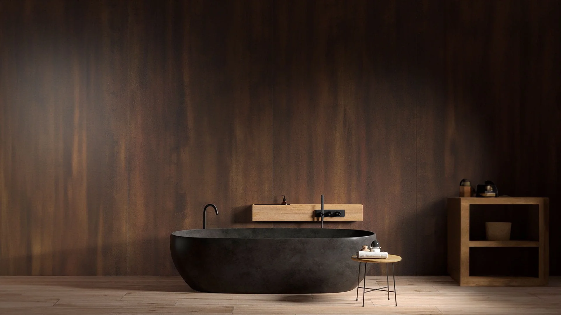 Contemporary, moody bathroom featuring large-format Inalco Korten MDi surfaces on the walls, creating a rich, rusted-metal effect, paired with warm, light-wood flooring, exclusively distributed in the UK by PietraCasa.