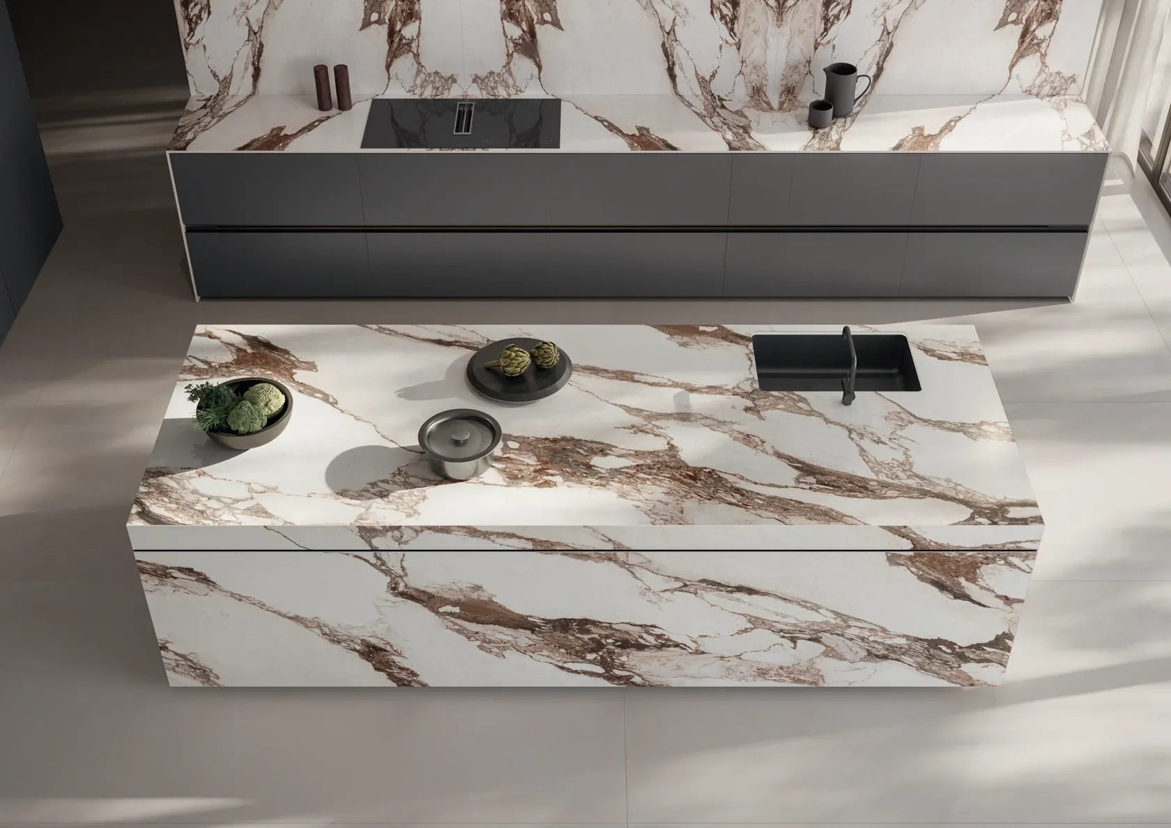 Modern kitchen featuring a dramatic marble-effect countertop and backsplash in Italstone Calacatta Viola porcelain stoneware, available through PietraCasa.