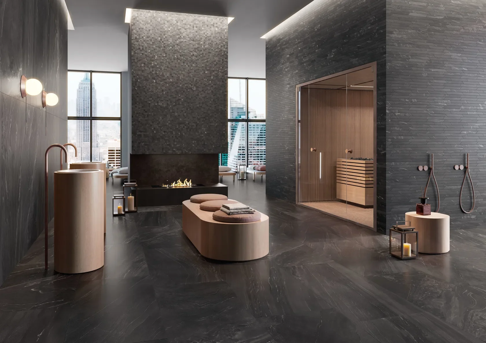 Luxury spa interior showcasing Impronta Fjord porcelain stoneware with deep stone-effect floors and textured dark wall tiles, complemented by wooden basins, a sauna, and a fireplace, supplied by PietraCasa.